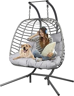 Double Hanging Egg Chair wth Stand, Patio Hammock Swing Chair with Cushion Loveseat for Bedroom, Balcony, Garden, Indoor, Outdoor