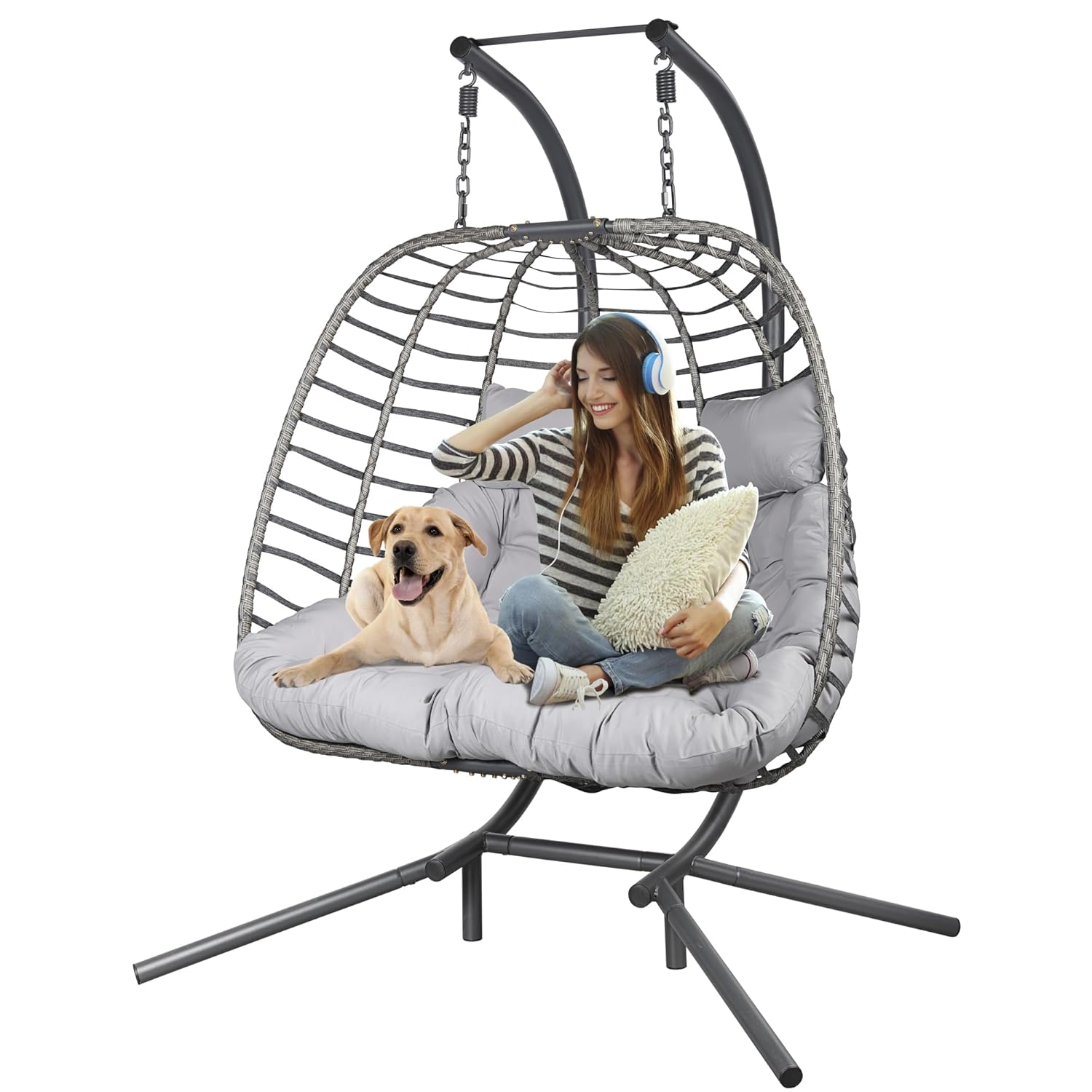 Double Hanging Egg Chair wth Stand Patio Hammock Swing Chair with Cushion Loveseat for Bedroom Balcony Garden Indoor