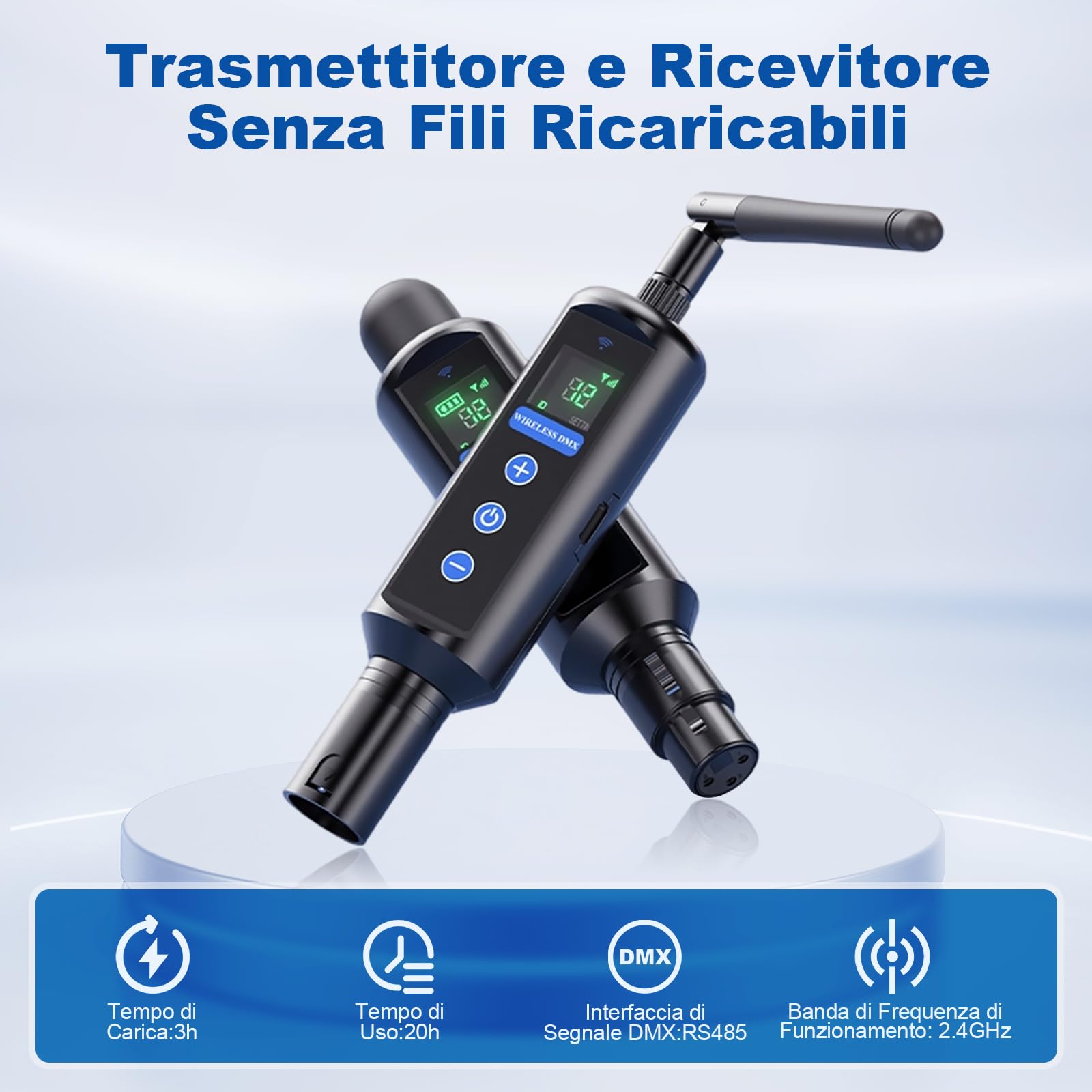 Tomshine Kit DMX 512 Wireless, 1 Trasmettitore e 3 Ricevitori a Batteria, Sistema 2.4G Touch, 20 Gruppi ID, XLR 3 Pin per Luci DJ Palco Discoteca Feste, incl. Custodia Protettiva