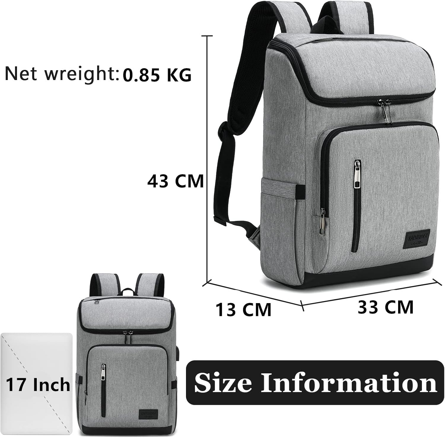 YALUNDISI Laptop Backpacks Travel Backpack Carry On Backpack Casual Daypack with USB Charging Port for Men Women Grey