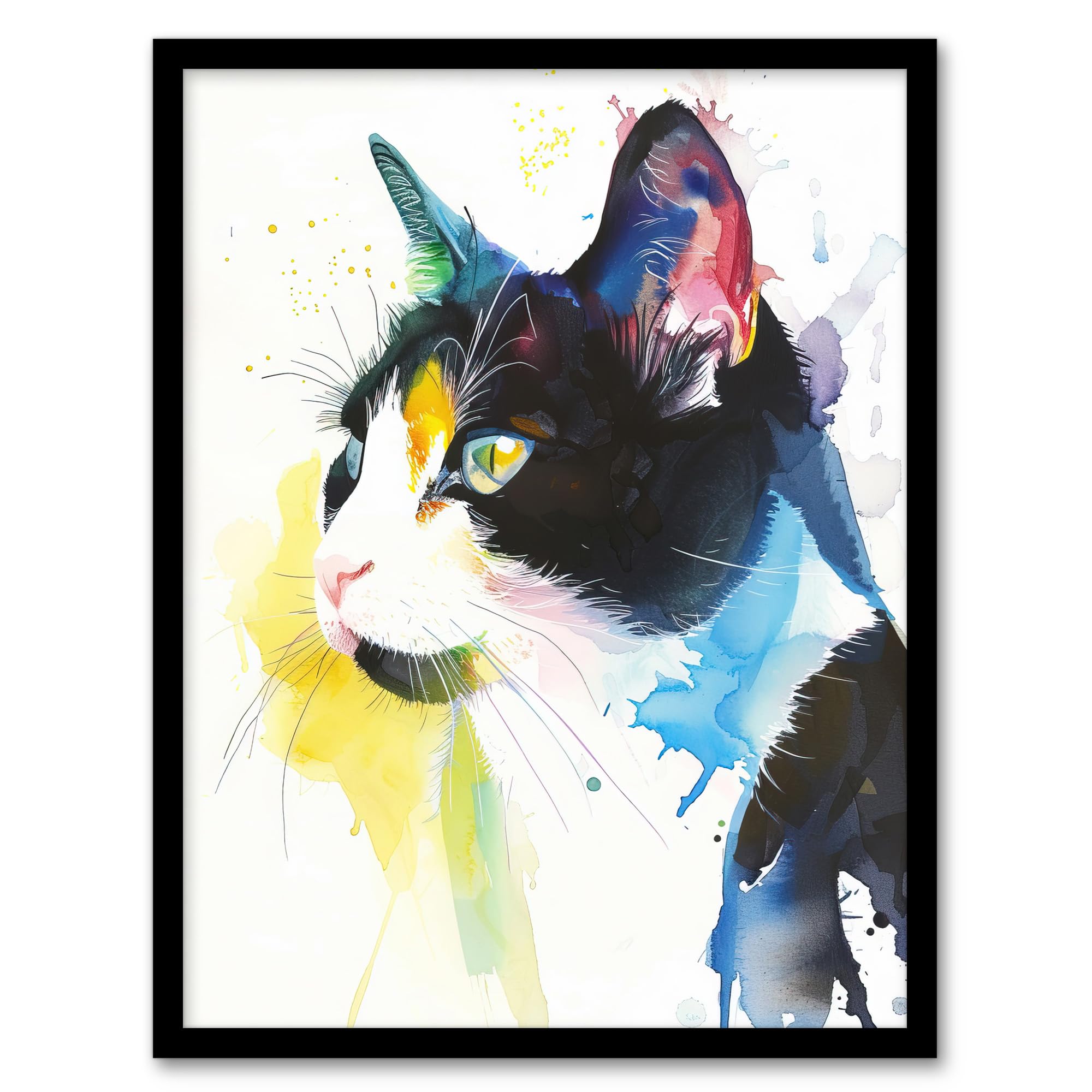 Artery8 Tuxedo Black White Cat Lover Bright Watercolour Living Room Artwork Framed Wall Art Print A4