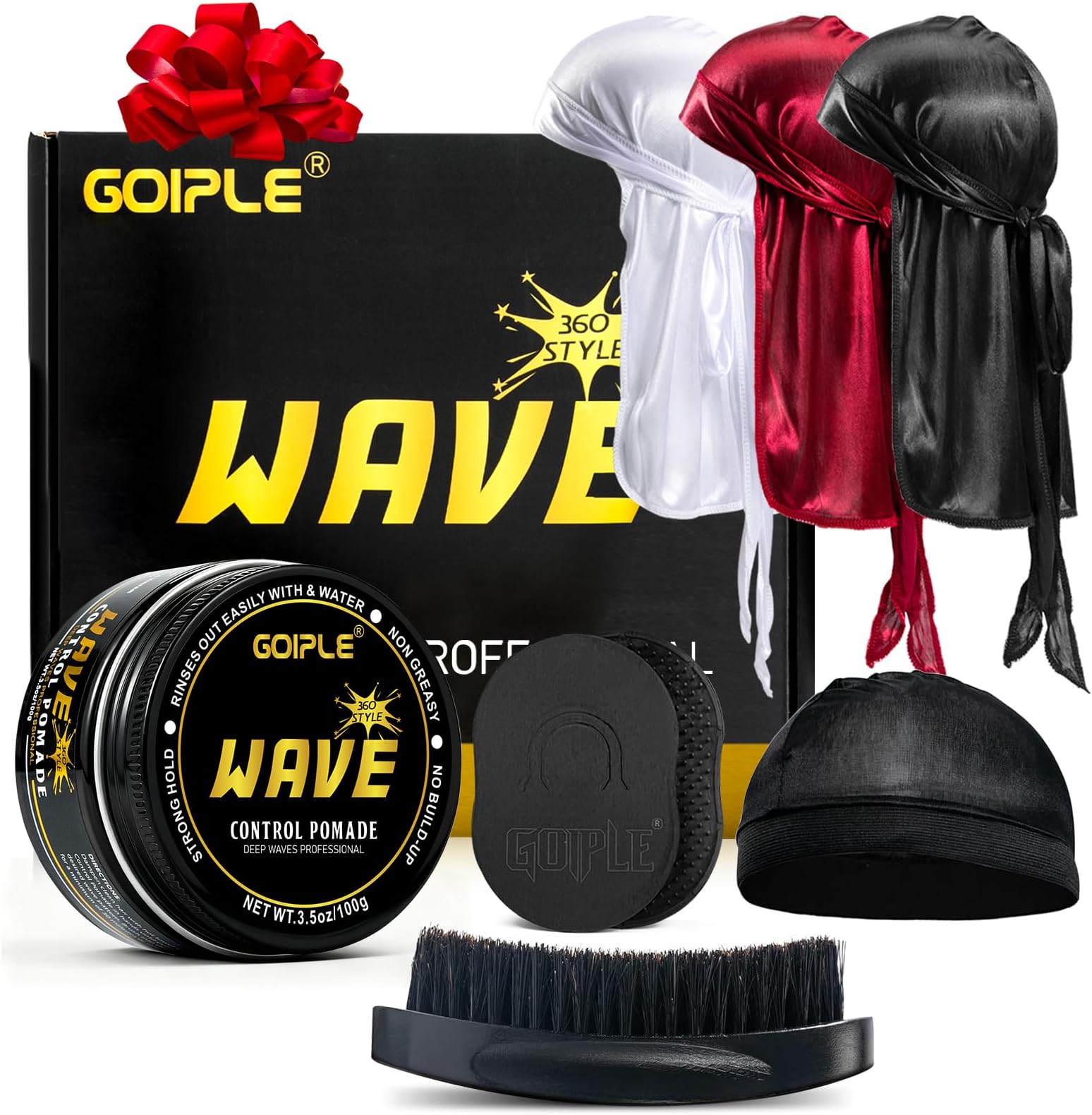 Goiple Wave Pomade for Men Strong Hold Easy Wash 360 Wave Training Hair Cream, Waves Grease for Men Promotes Layered Waves, Moisture, Control and Silky Shine Pomade Brushe Silky Durag Cap Set