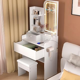 Toletta da Trucco con Specchio Toeletta con Illuminazione a LED 3 Cassetti e 3 Ripiani Specchio con Ingranditore 2x e 5x e Presa di Corrente Incorporata Toeletta per Camera da Letto Bianco