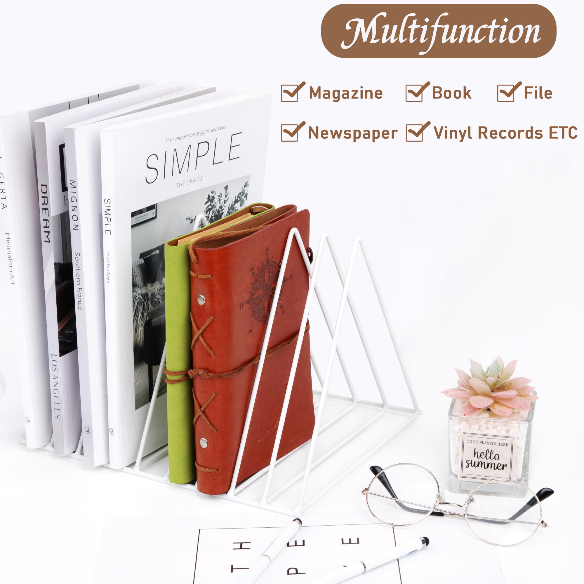 Portariviste Metallo, Porta Giornali, Scrivania Scaffale per Libri Triangolo File Organizer Supporto Rack Decor per Scaffali, Ufficio, Scuola, Biblioteca, Casa, Scuola (Bianco)
