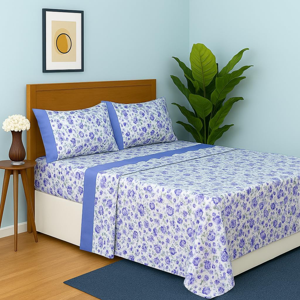 Dreamology Queen Sheet Set,4 Pieces Microfiber Sheet, Printed Sheet Set with Solid Cuffed Detail, Includes 1 Flat Sheet,1 Deep Pocket Fitted Sheet and 2 Pillowcases, Queen Bed Sheets (Purple Blossom)