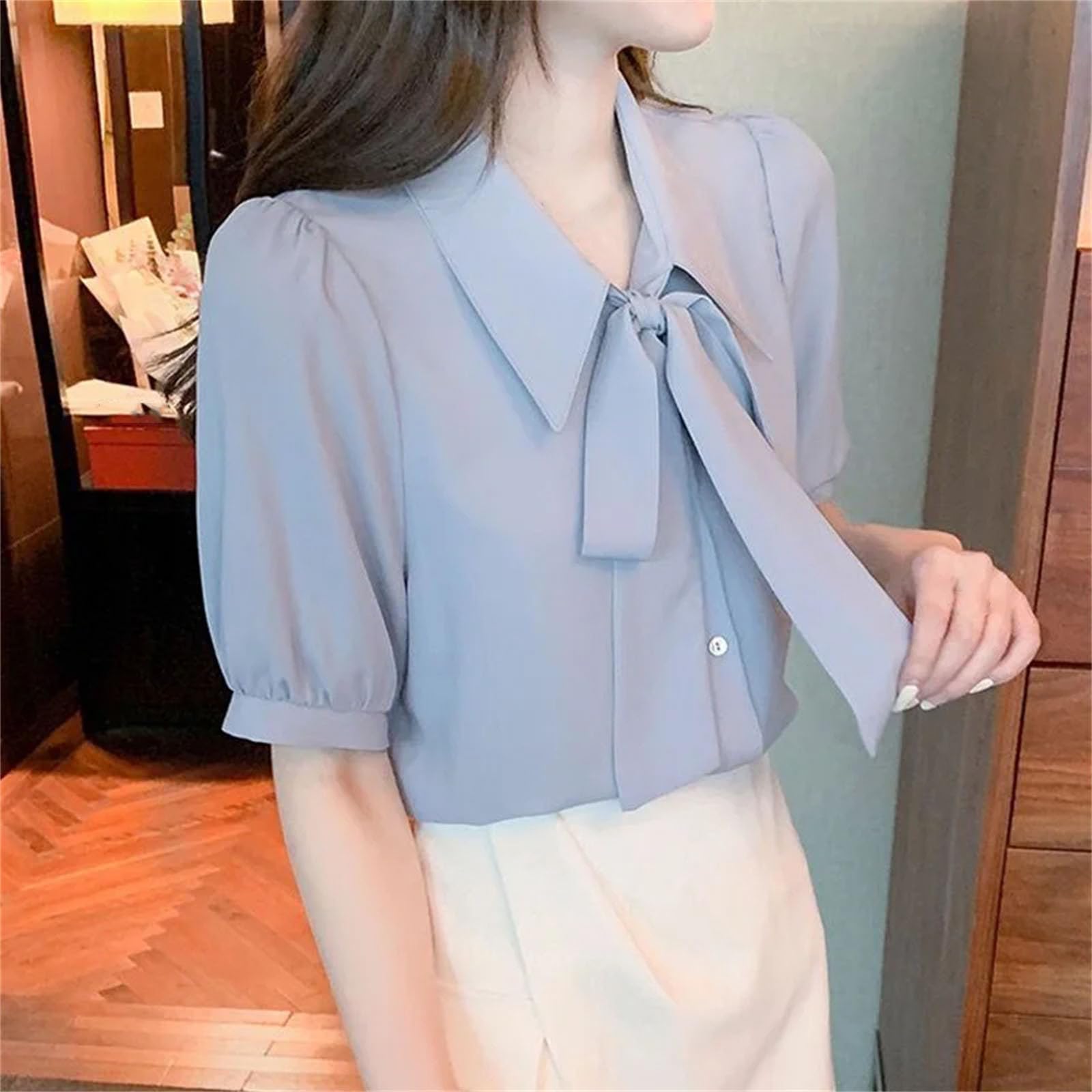 Elegante camisa de manga corta con lazo blanco, blusa suelta, de color liso, para mujer