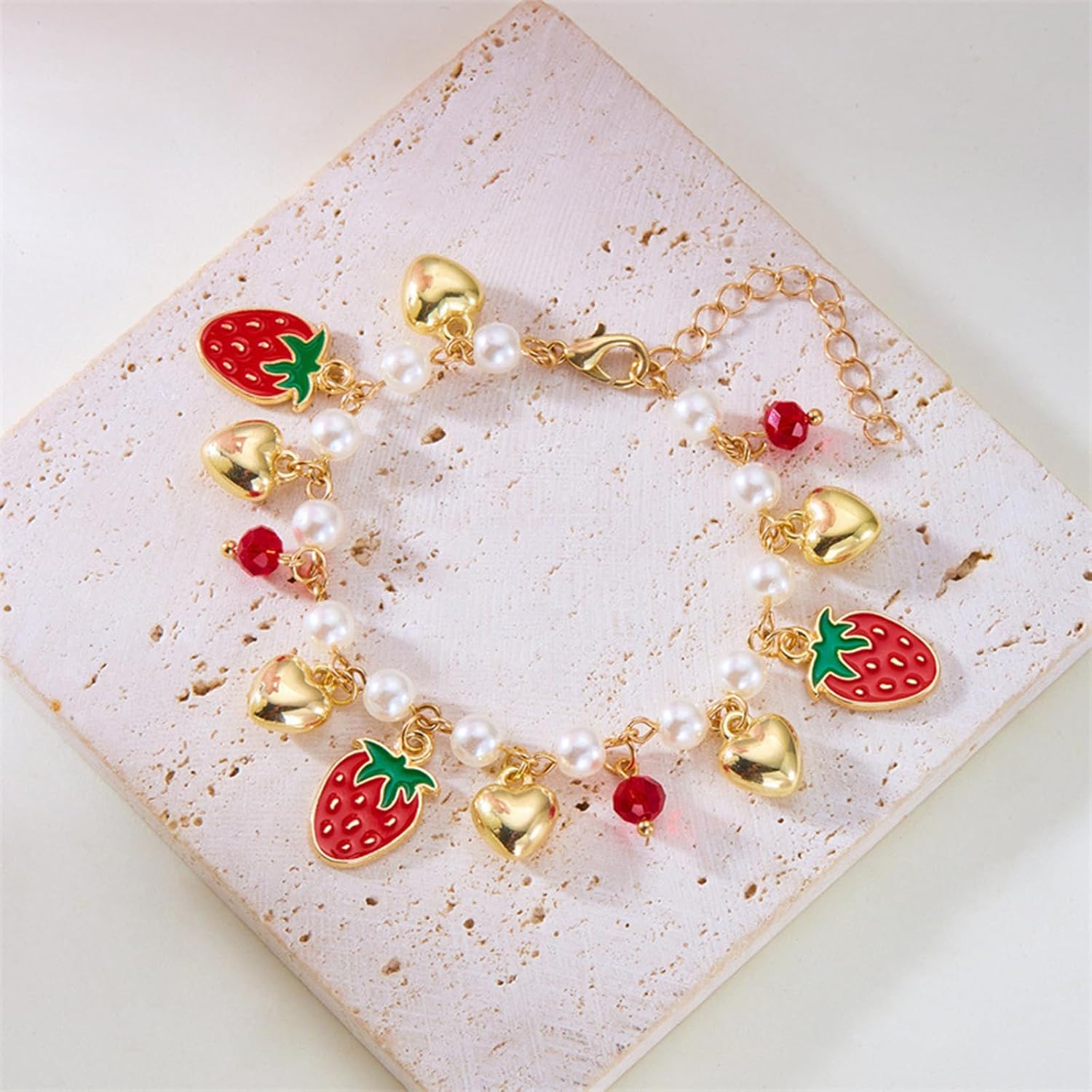 Roe Dolph Strawberry Jewelry Set Gold Enamel Red Strawberry Necklace Dangle Earrings Pearl Charm Bracelet for Women Strawberry Costume Christmas Jewelry Gifts - Image 5