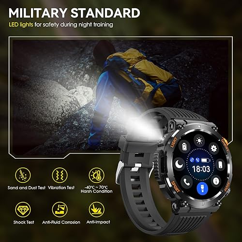 Miniatura 2 de Bassizo Reloj inteligente militar para hombres con linterna LED, resistente reloj inteligente táctico al aire libre con brújula (respuestallamadas