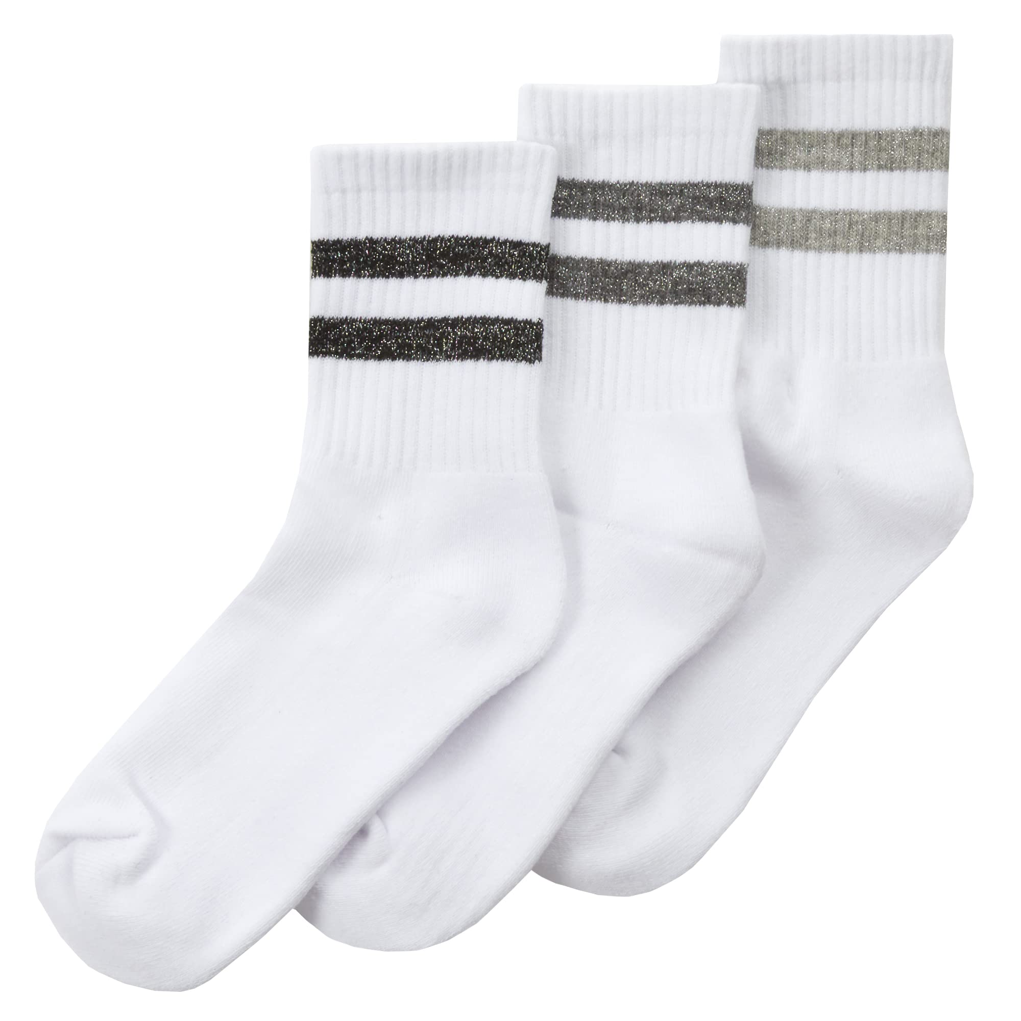 Metzuyan WS-SS23 Kids Girls Cotton Rich Sport Socks Ribbed White with Glitter Stripe Leisure Crew Socks 3 Pairs Grey Stripe UK 12.5-3.5