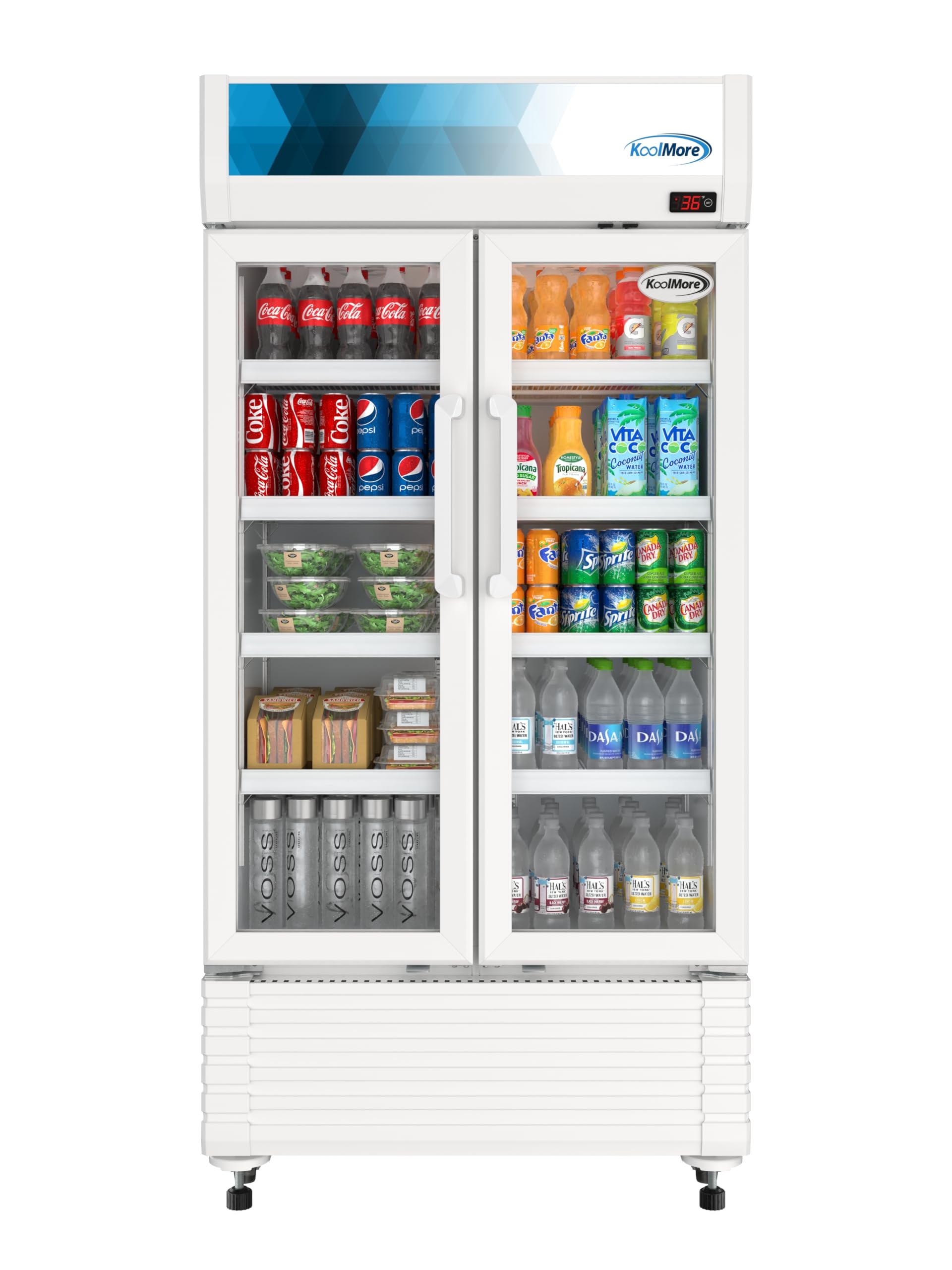 KoolMore KM-MDR-2GD-35 35 in. Commercial 2-Glass Door Merchandiser Refrigerator, 16.5 cu. ft. in White, ETL Listed