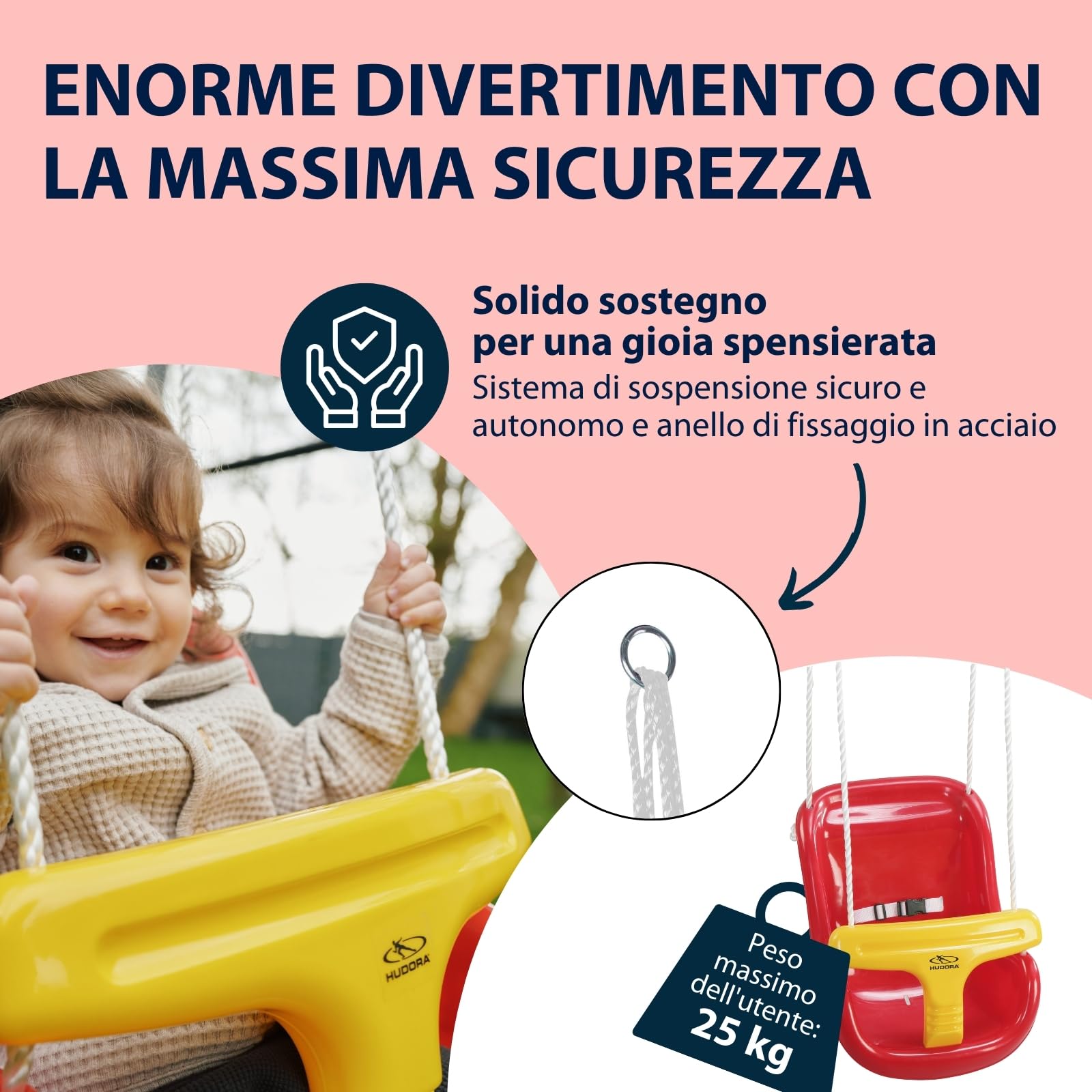 HUDORA Altalena baby rossa/gialla | Altalena da giardino regolabile da 120 a 180 cm I Baby swing da esterno I Altalena per bambini con archetto di sicurezza e cintura I Carico massimo di 25 kg