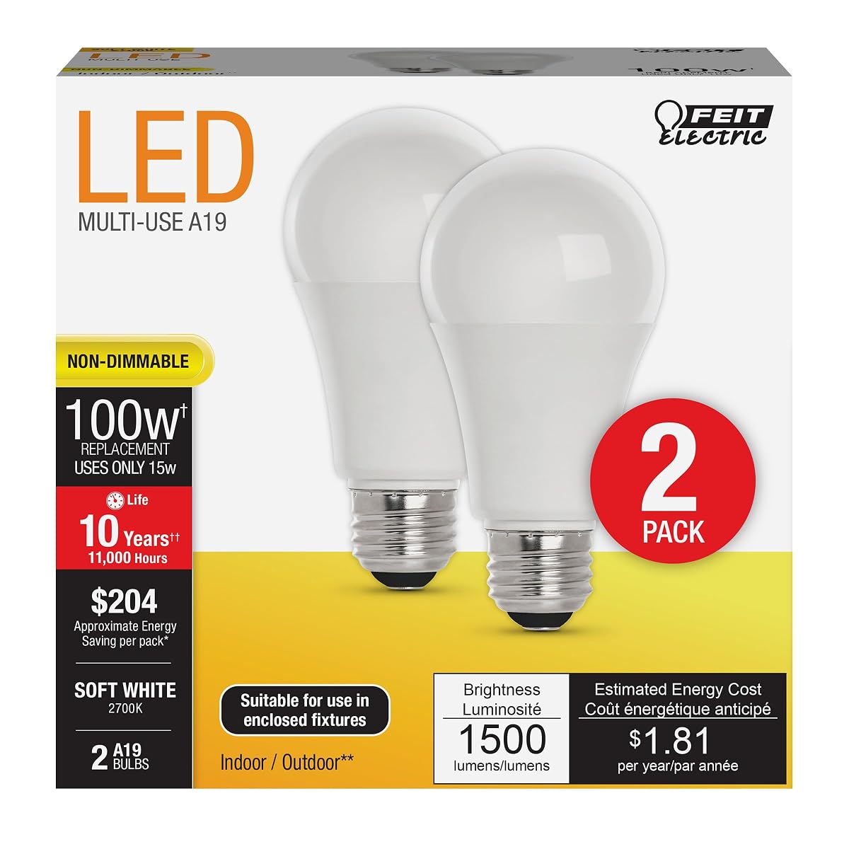 Feit Electric A19 Led Light Bulbs, 100W Equivalent, Non Dimmable, 1600 Lumens,