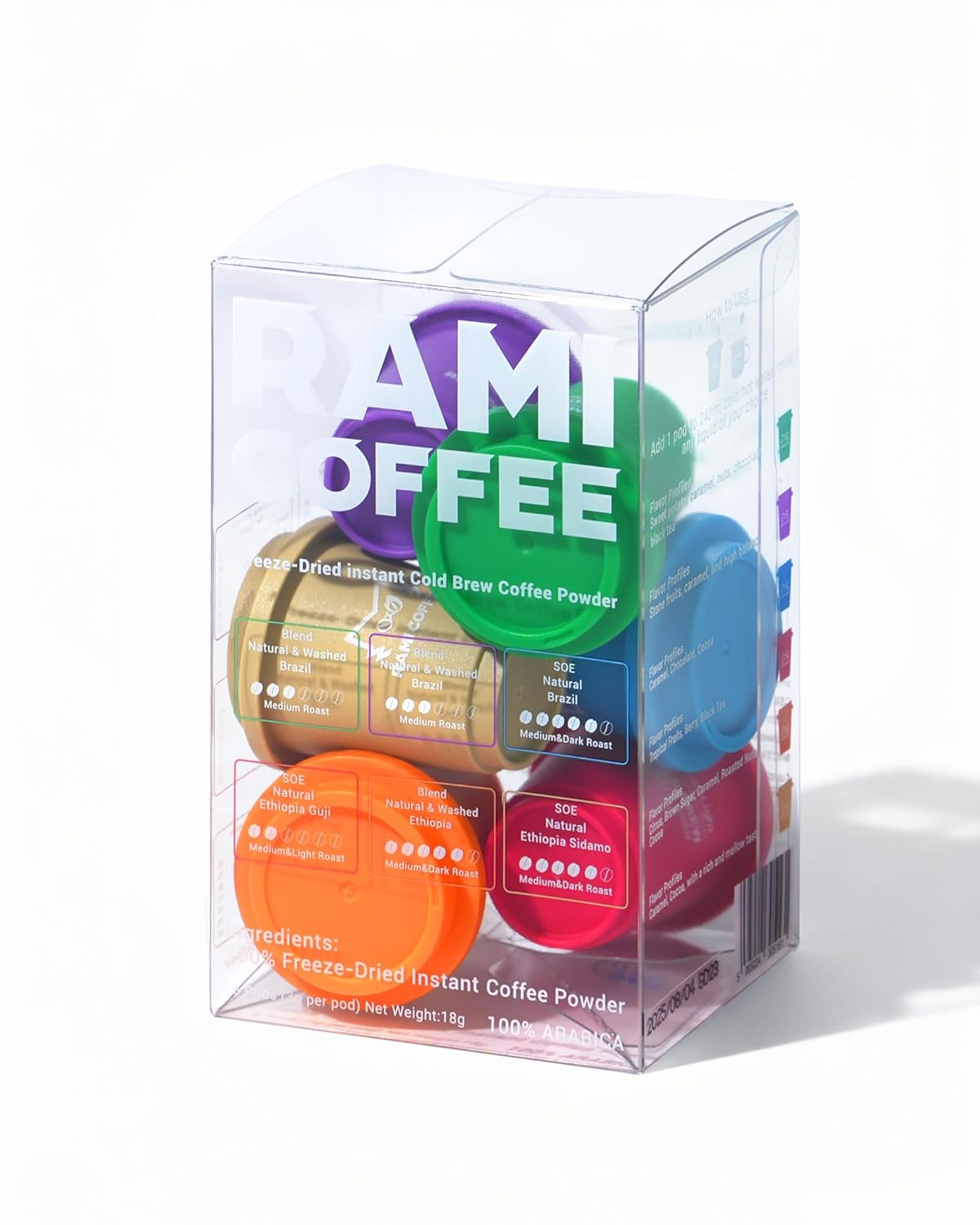 Rami Coffee Cold Brew Freeze Dried Instant Coffee Powder, Various Roast 100% Arabica, 6 Portable Flavors Taster Single Packets for Home Travel Backpacking Camping