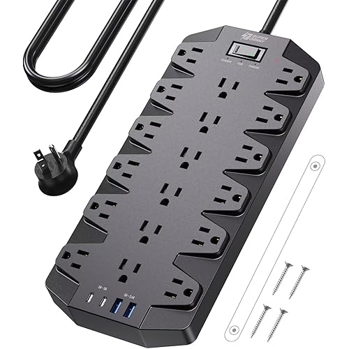 Surge Protector Power Strip, SUPERDANNY 18 AC Outlets with 4 USB Ports, 1875W/15A, 2100J, 6.5FT Flat Plug Heavy Duty Extension Cord with Wall Mount Holes for Home, Office, Gaming Room,Dorm, Black