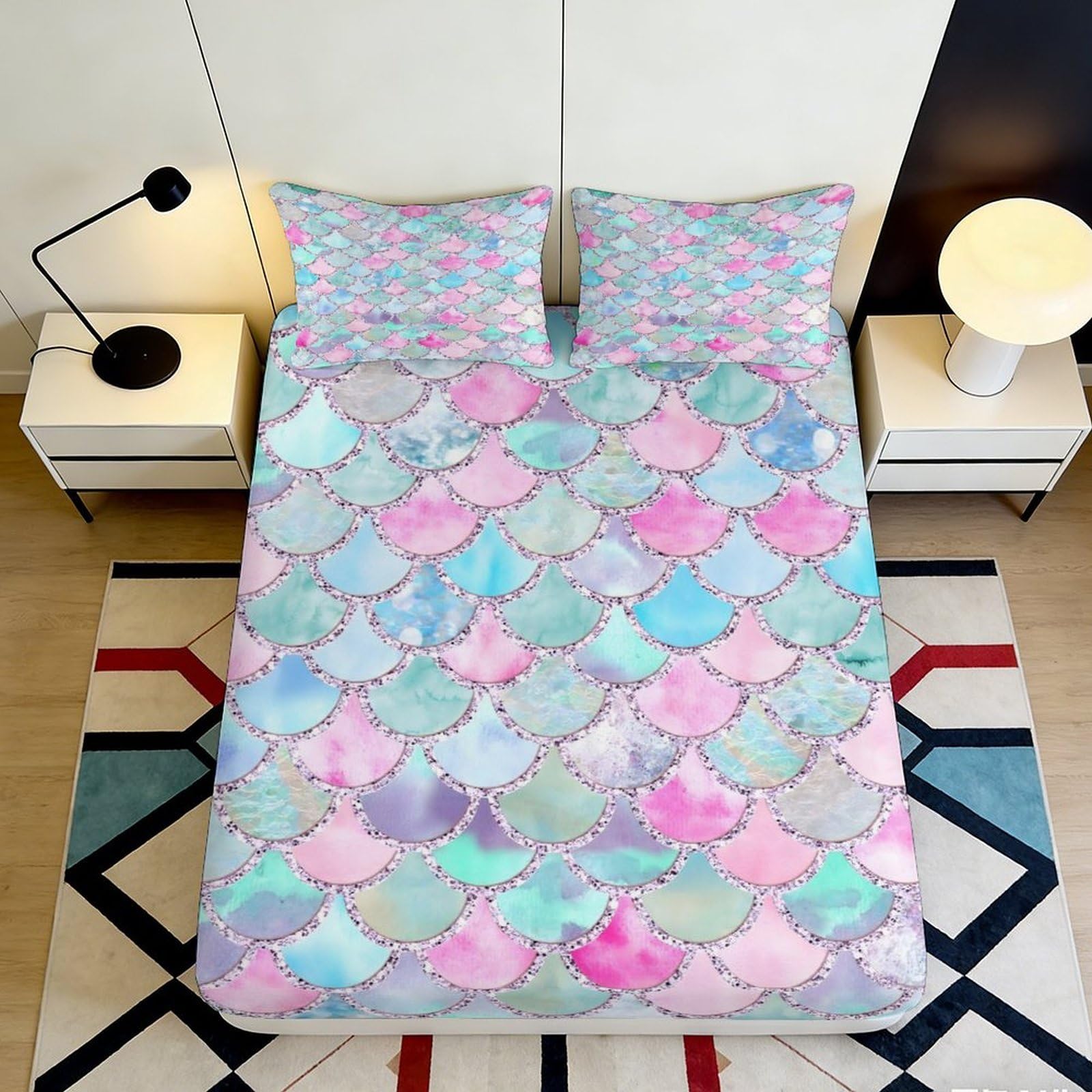 3D Printed Mermaid Scales Fitted Sheet Microfiber Pastel Rainbow Bed Cover Non-Slip Machine Washable Bedroom Decor 140x200x25cm