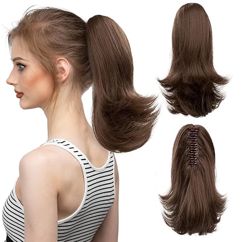CJL HAIR Extensión de cola de caballo con clip de garra, color marrón, falso, corto, ondulado, rizado, 12 pulgadas, pieza de pelo sintético para
