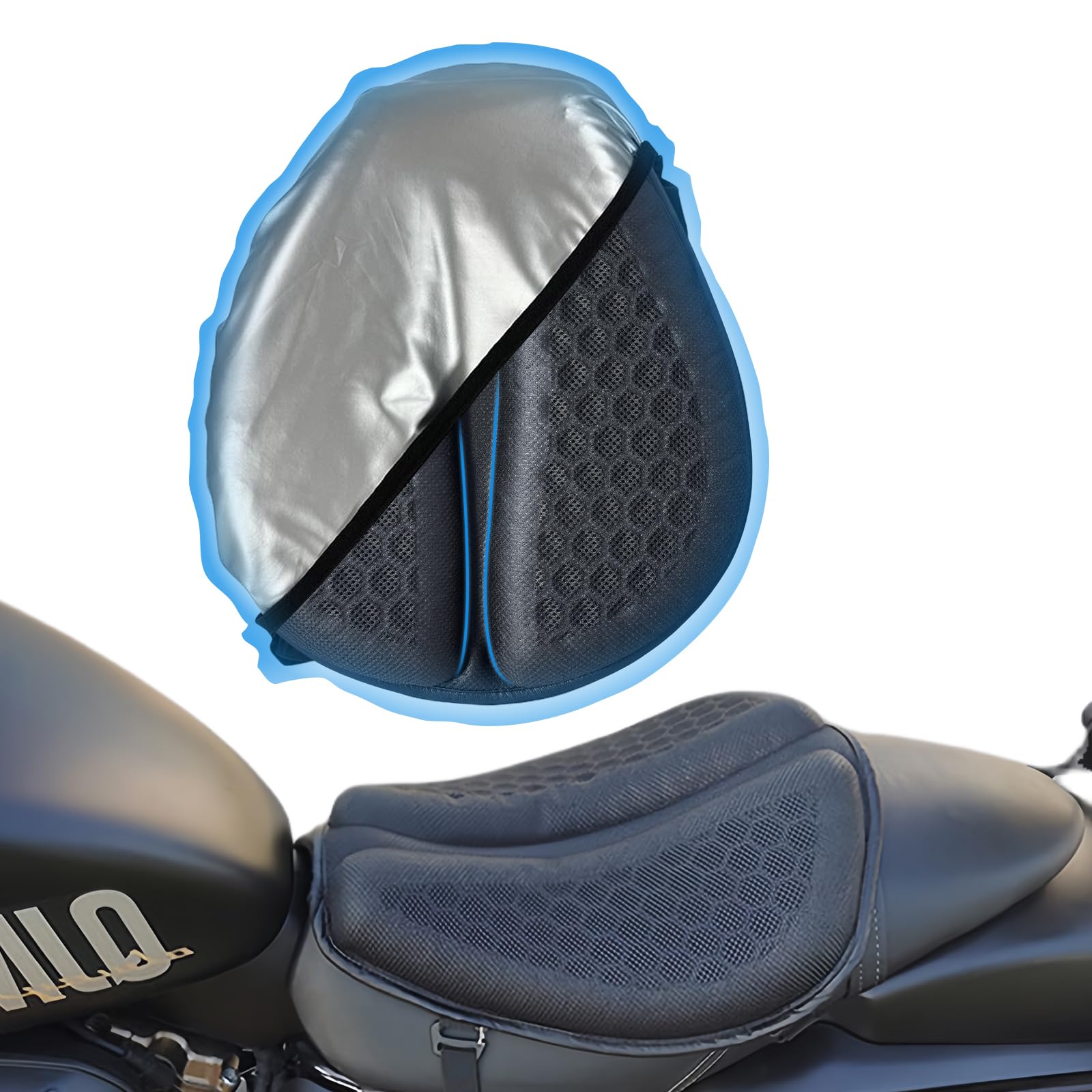 Coussin de Siège en Gel de Moto,coussin de Siège de moto en TPE à Structure Alvéolaire avec Pare-Soleil, Imperméable à la Pluie et Respirant, Adapté Aux Longues et Courtes Distances