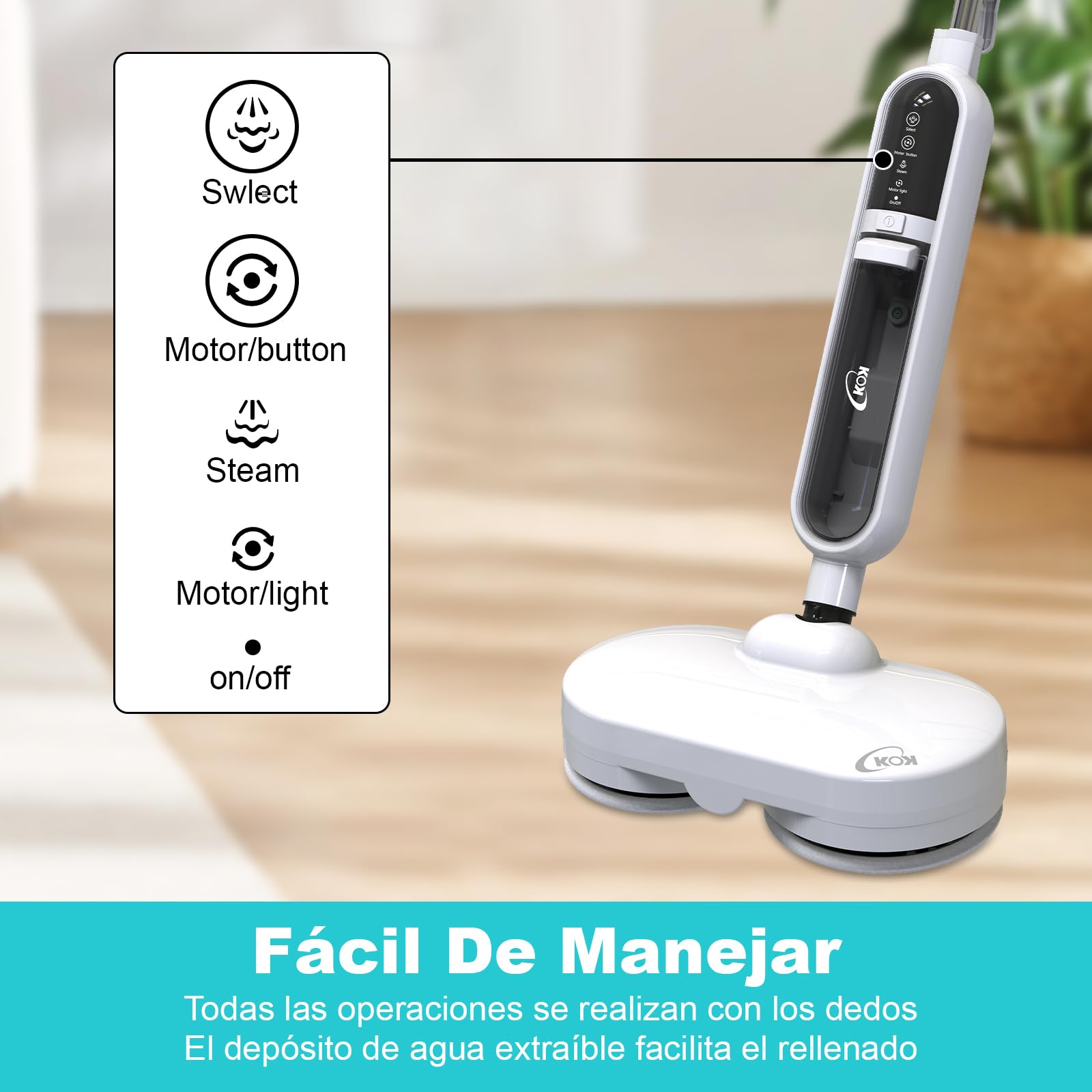 KOK 10-en-1 Mopa a Vapor, Limpiador a Vapor con función giratoria, Vapor a alta temperatura, 500ml Capacidad del depósito, 15 accesorios, 10s Temps de préchauffage, para dormitorios, cocinas y salones