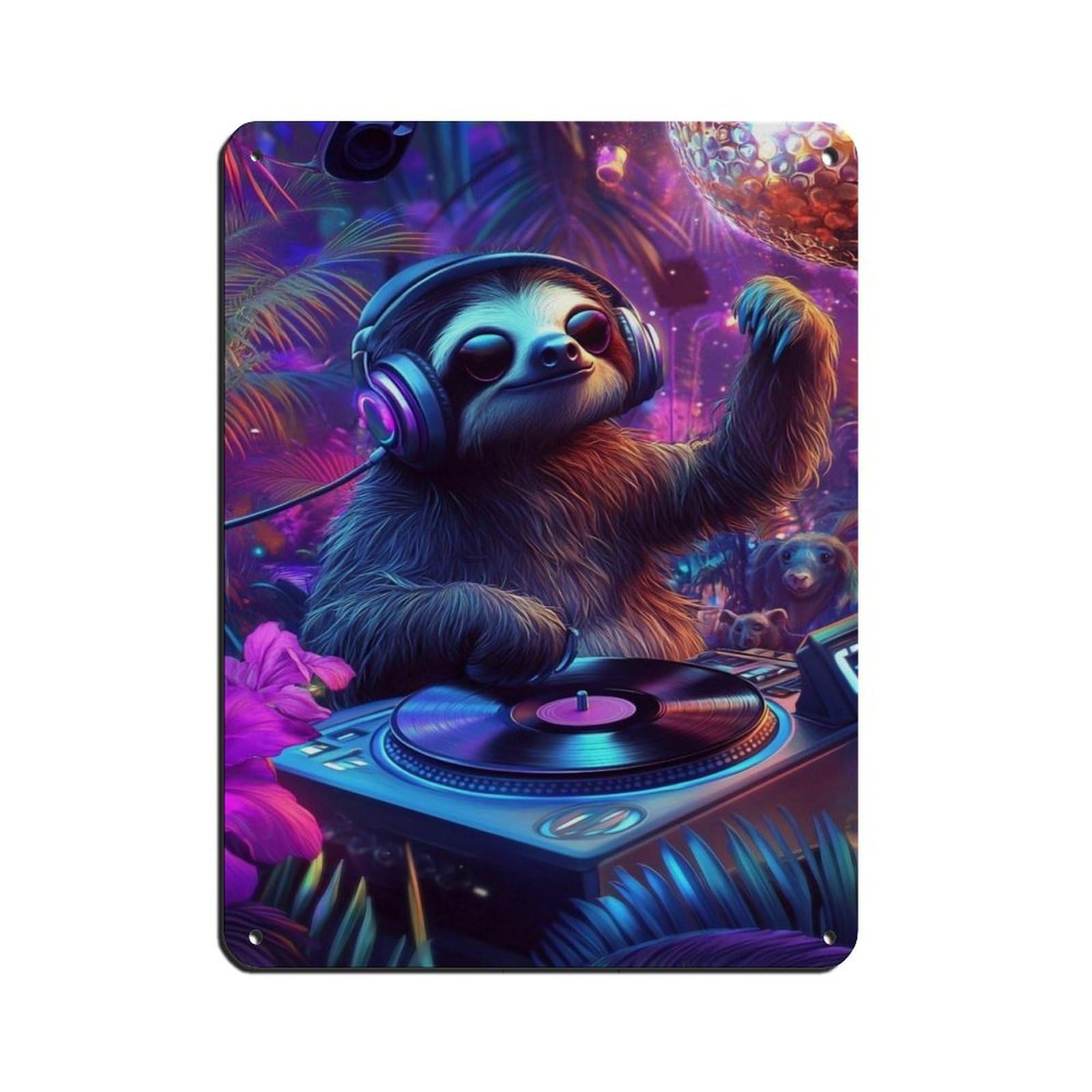 Lxwnze 30L X 40W Cm Dj Sloth, Cute Sloth Dj Poster Tin Sign Vintage Metal Pub Club Cafe Bar Home Wall Art Decoration Poster Retro 12X16inch(30X40cm)