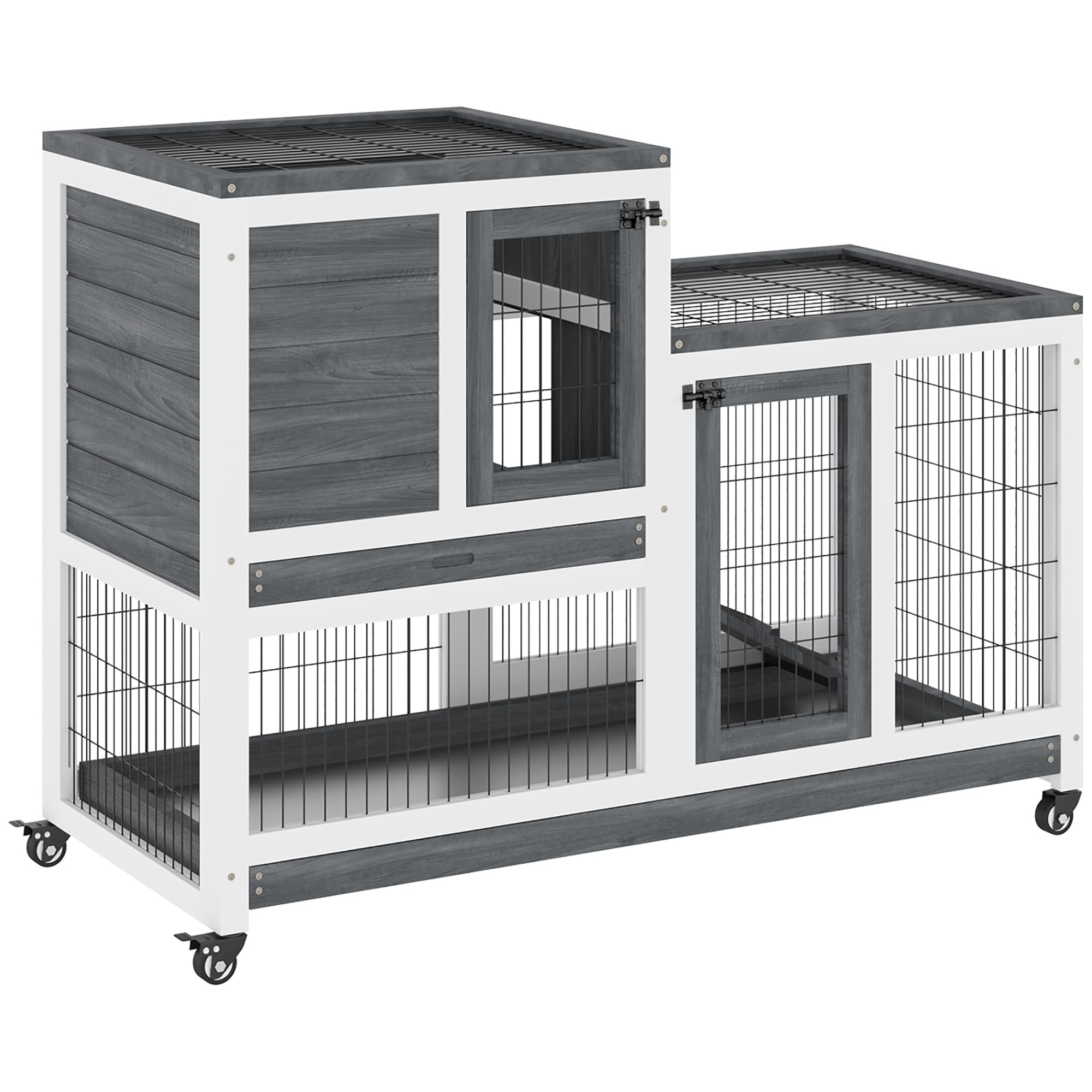 PawHut Conigliera da Interno in Legno Abete con Ruote 110x50x88cm Grigio | Vassoi Estraibili, Casetta per Conigli con Rampa