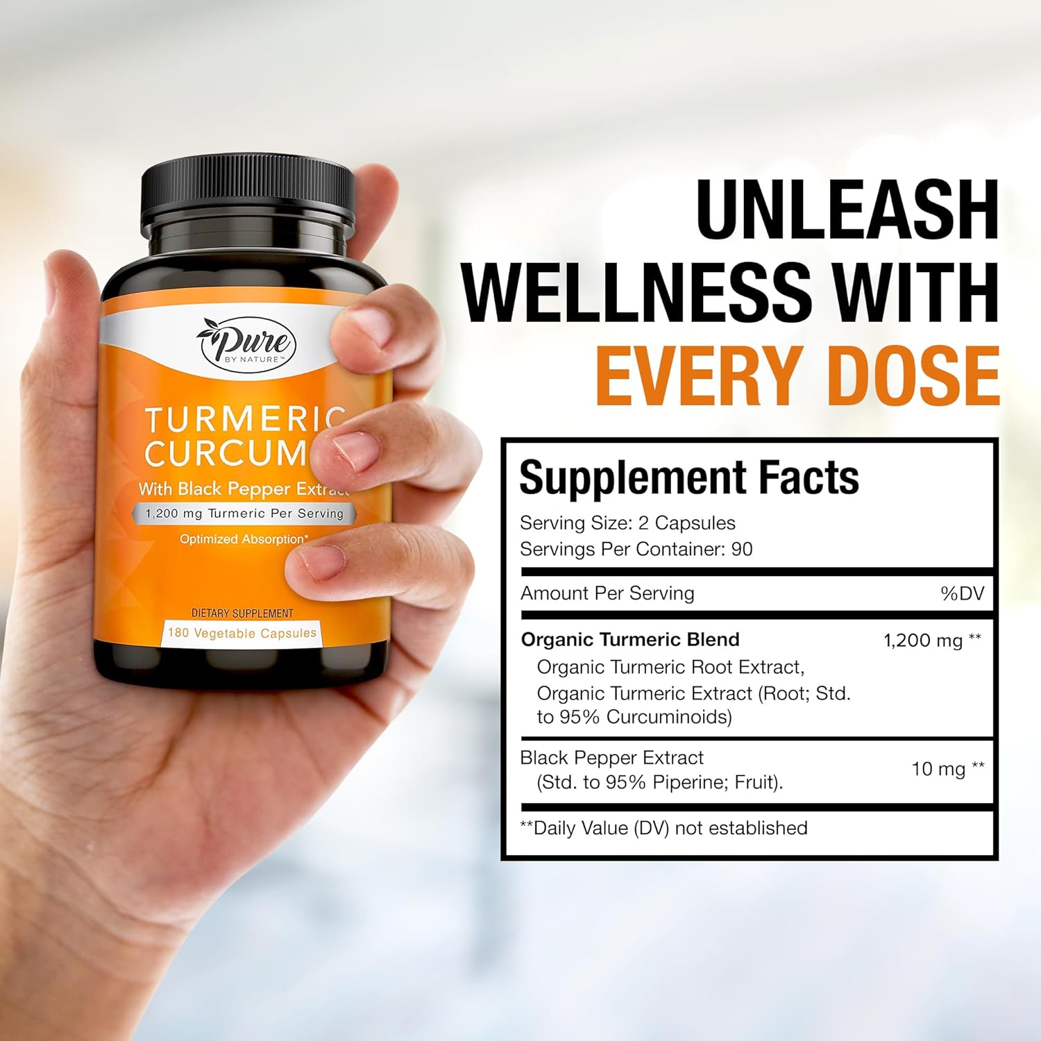 Pure By Nature Turmeric Curcumin with Black Pepper Extract 10 mg Capsules, 1200 mg per Serving, Organic, High Absorption Antioxidant Support (180 Count) - Image 5