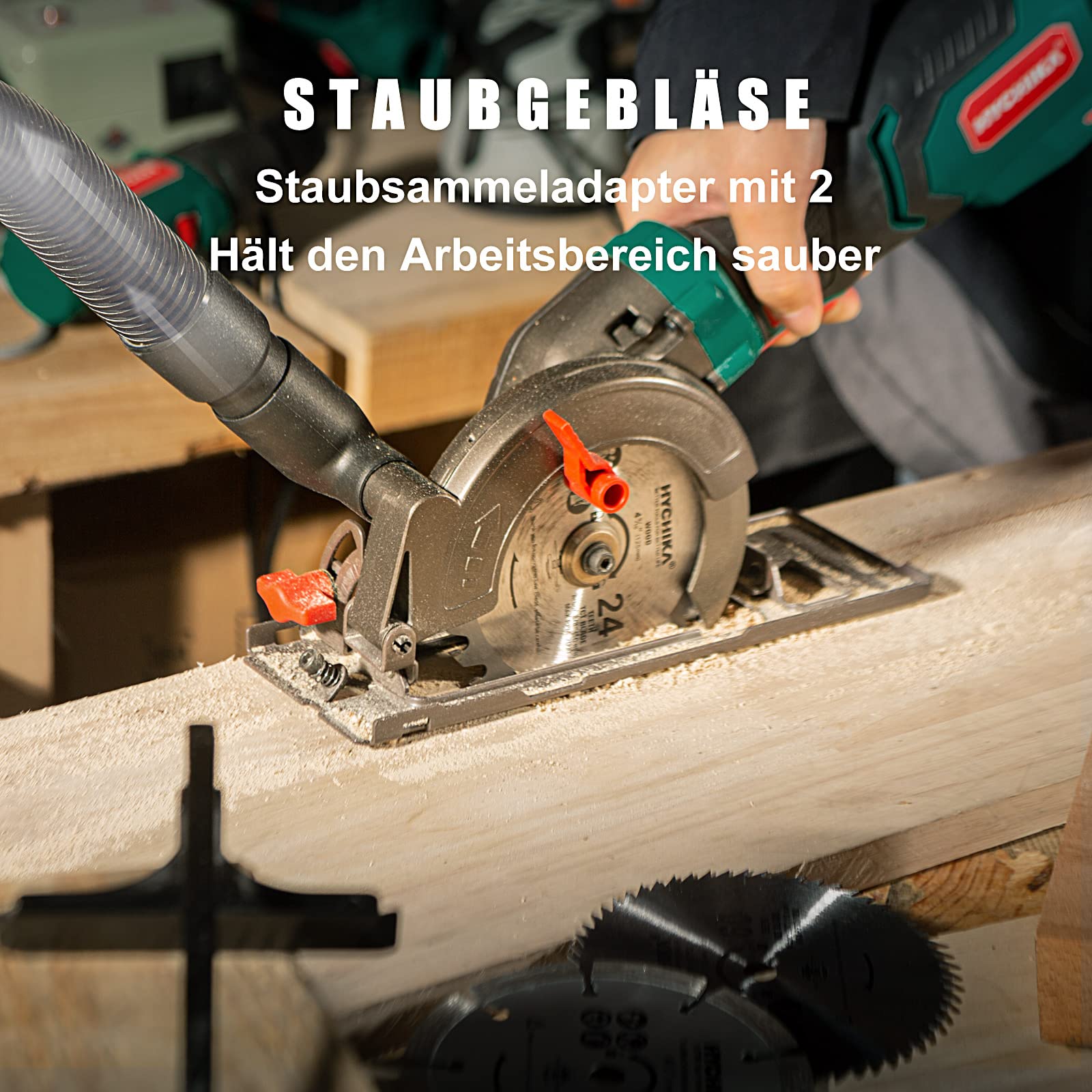 HYCHIKA Mini Kreissäge 750W 3500U/min, Handkreissäge Kompakt mit 3 Sägeblättern (24T/60T/9T) für Holz, Metall & Fliesen, Schnitttiefe bis 48mm, 45°/90° Gehrungsschnitt, Heimwerken