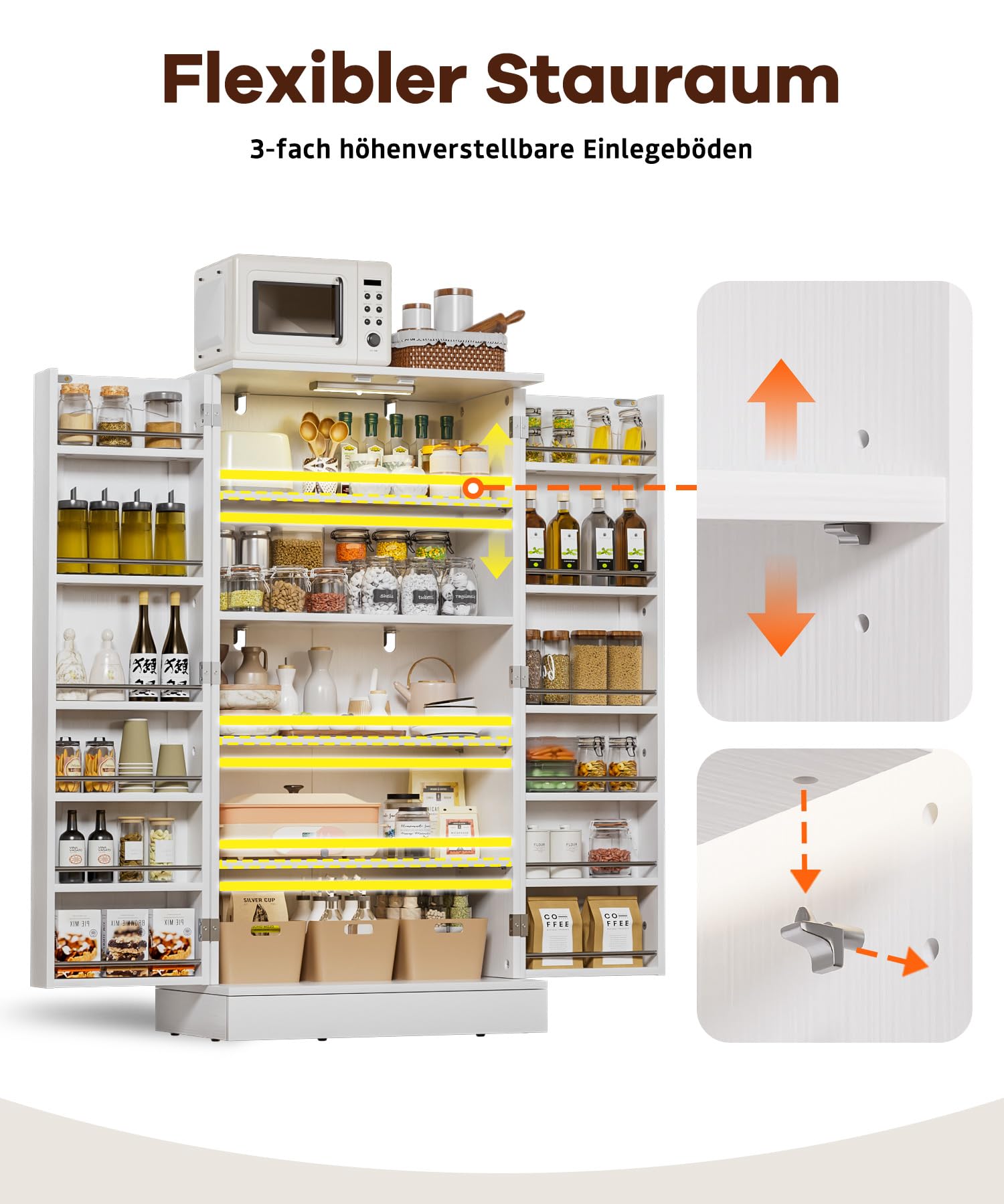 Yorbay 118 cm Küchenschrank mit LED-Sensorleuchte: Doppeltüriger Vorratsschrank mit 3 Verstellbaren Regalbrettern - Mehrzweckschrank mit Kippschutz für Küche Esszimmer Wohnzimmer (Weiß)