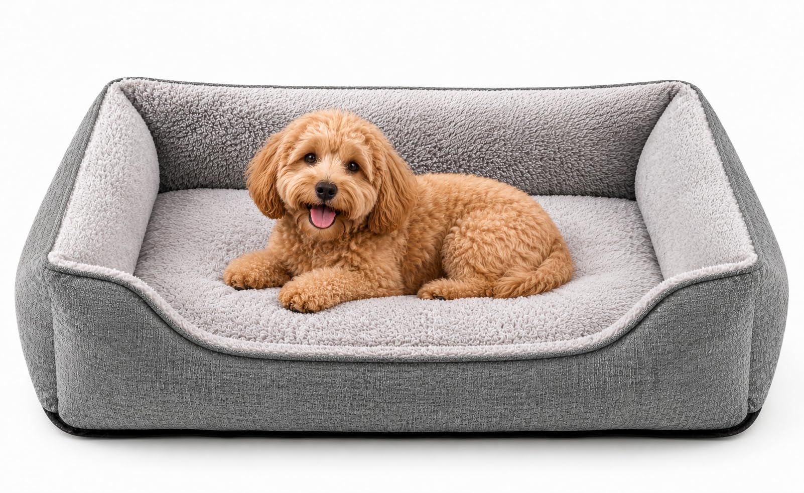 SuperGift.com Fluffy Calming Pet Bed for Dogs & Cats – Soft Plush Washable Cushion Sofa Bed with Raised Sides, Anti-Slip Base (Grey, M)