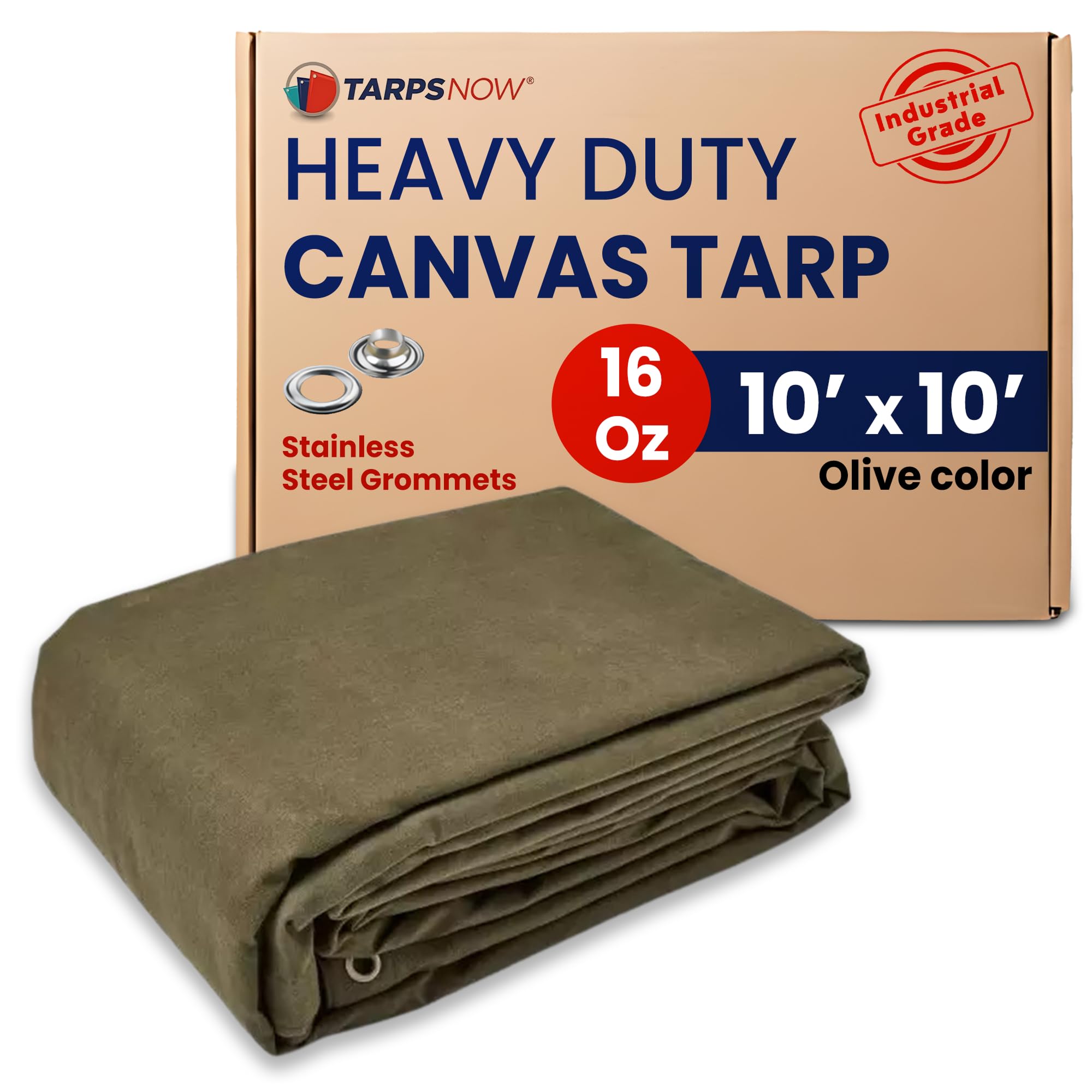Tarps Now 10x10 ft Heavy Duty Canvas Tarp, 36 Mil, 16 Oz Industrial Grade Fabric with Stainless Steel Grommets, Reinforced Edges, Waxed Canvas Drop Cloth for Outdoors, Automotive, Construction & More
