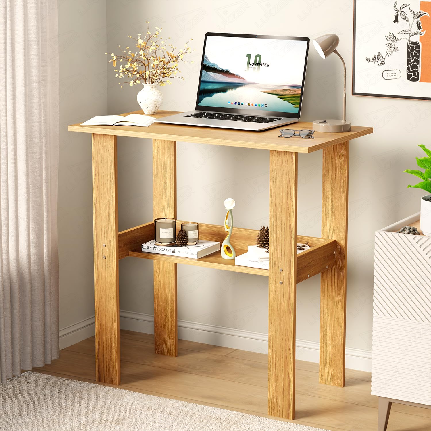 Lukzer Engineered Wood Study Table | Modern Computer Table for Home & Kids Study Room | ST-004S/Oak Light | Compact Design Office Desk with Storage Shelf Work from Home Laptop Table Gaming Workstation-image-12