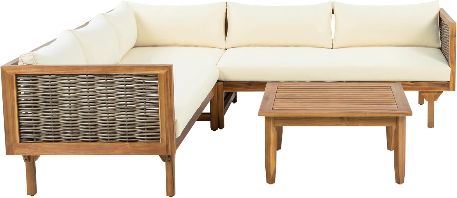 7pcs Outdoor Sectional Seating Group with Beige Cushions, Premium Pe Sofa Set for Patio, All Weather Modular Conversation Set, Brown Mix