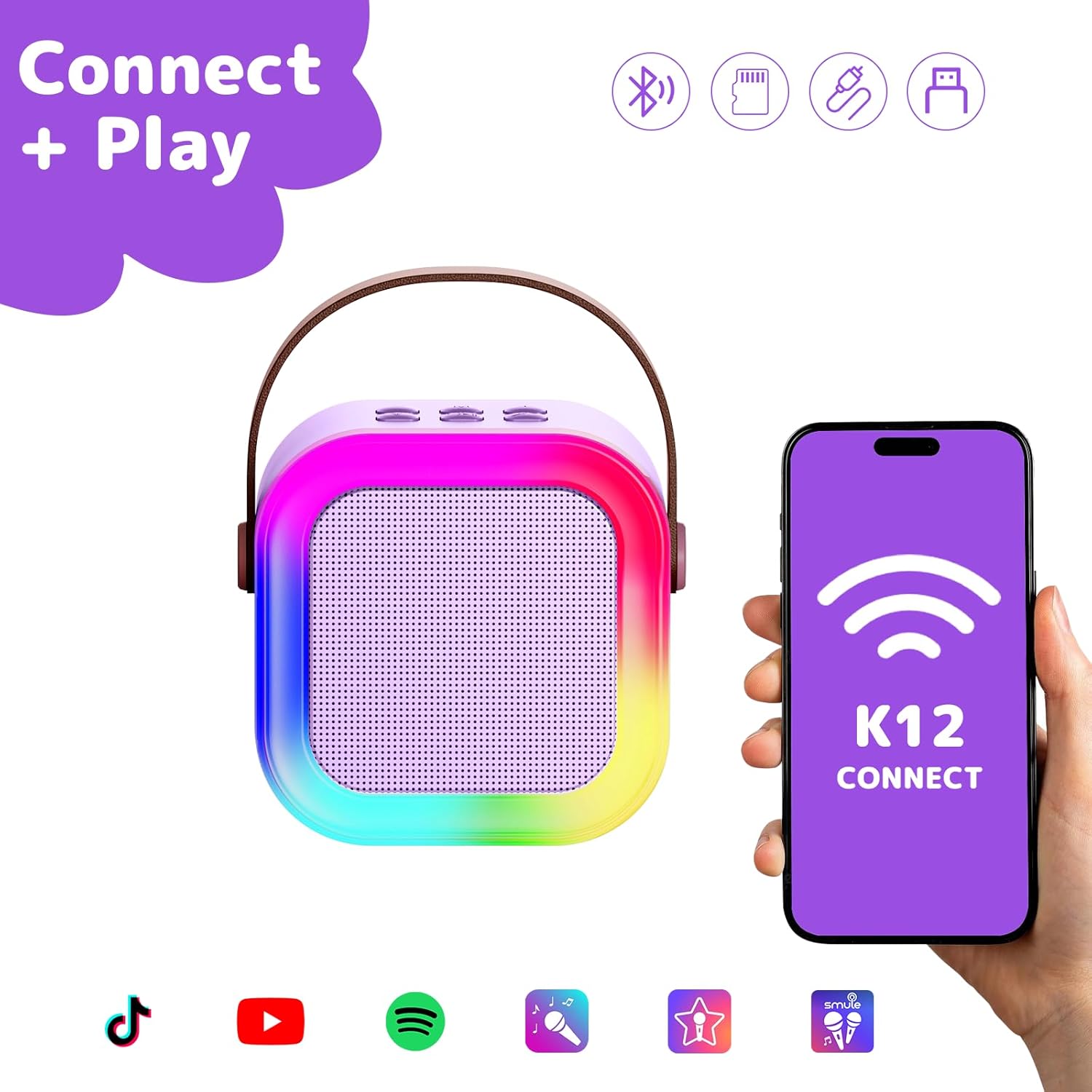 Fede Karaoke Machine for Kids Adults, Mini Karaoke Machine with 2 Wireless Microphones, Portable Bluetooth Speaker with Voice Changing Effects & LED Lights, Best Gifts Toys for Girls and Boys - Image 4