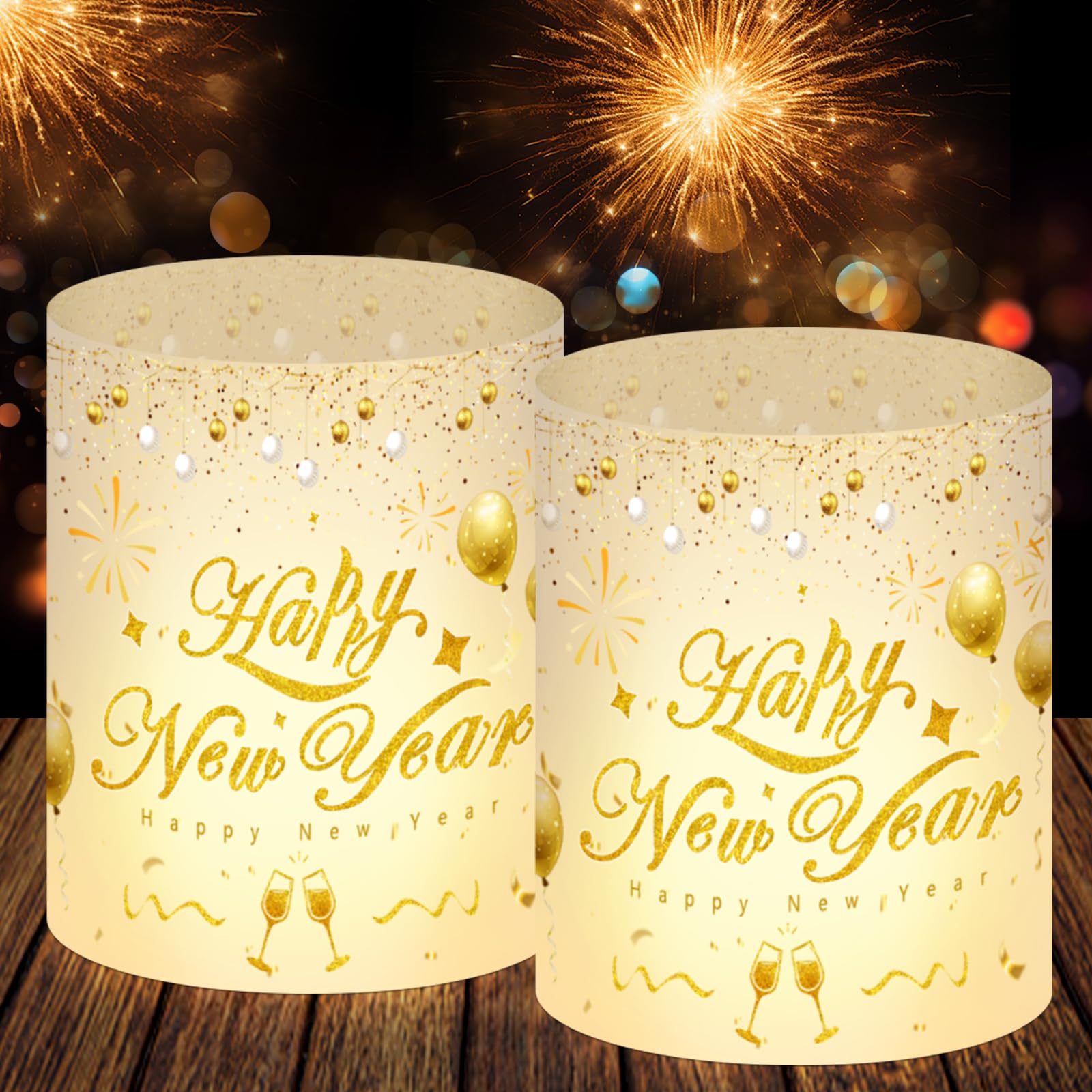 12 Windlicht Tischdeko Silvester, Windlicht Silvester Deko 2026, Neujahr Windlichter Tischdeko, Happy New Year Deko 2026, Silvesterdeko Party Set, Geeignet für Teelichter oder Kerzen