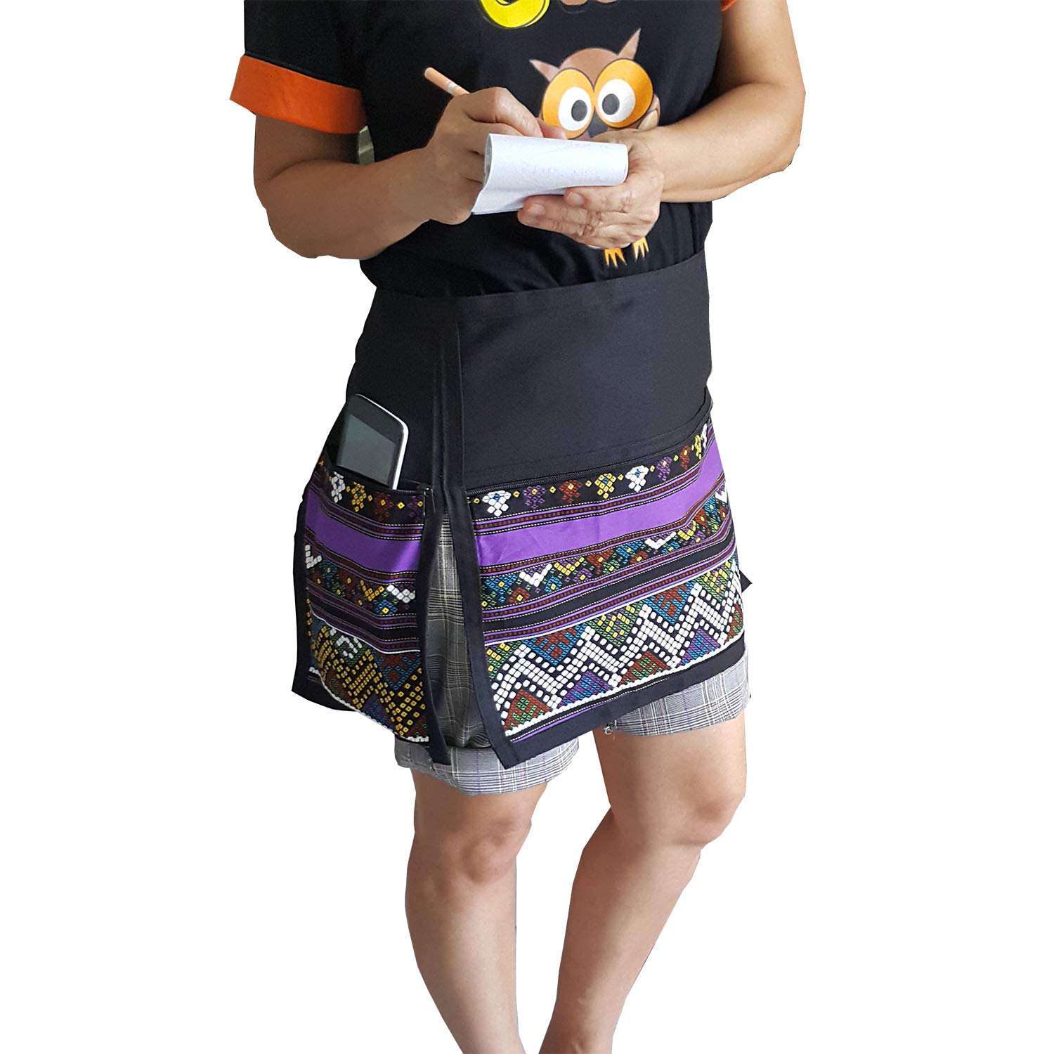 TG888 Chic Half Short Waitress Apron Novelty Printed Violet Cafe Bar Pub Workwear Restaurant Kitchen Hairdresser Artist