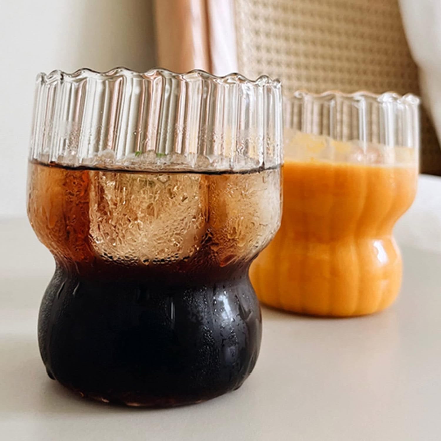 MANMAOHE 10 Oz Ribbed Glass Cups Set of 2 Creative Wavy Drinking Glasses Vintage Ribbed Glassware Vintage Ripple Drinking Glasses for Coffee Cocktail Juice Water Soda Tea