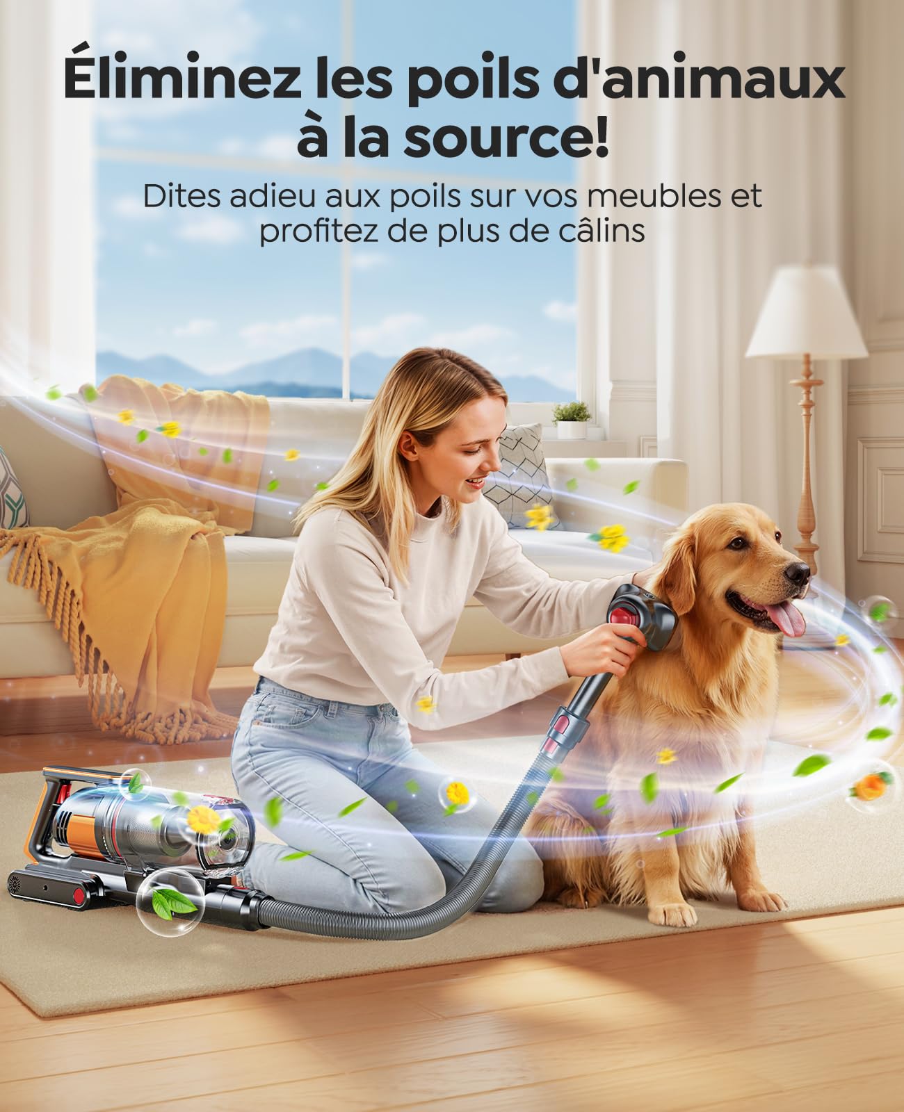 Fieety 50kPa/600W Aspirateur Balai sans Fil, 65Min Aspirateur sans Fil Puissant avec Brosse pour Animaux Tuyau Recharge Murale Mode Automatique Parfumé pour Poils d’Animaux Tapis Sols Durs et Voiture