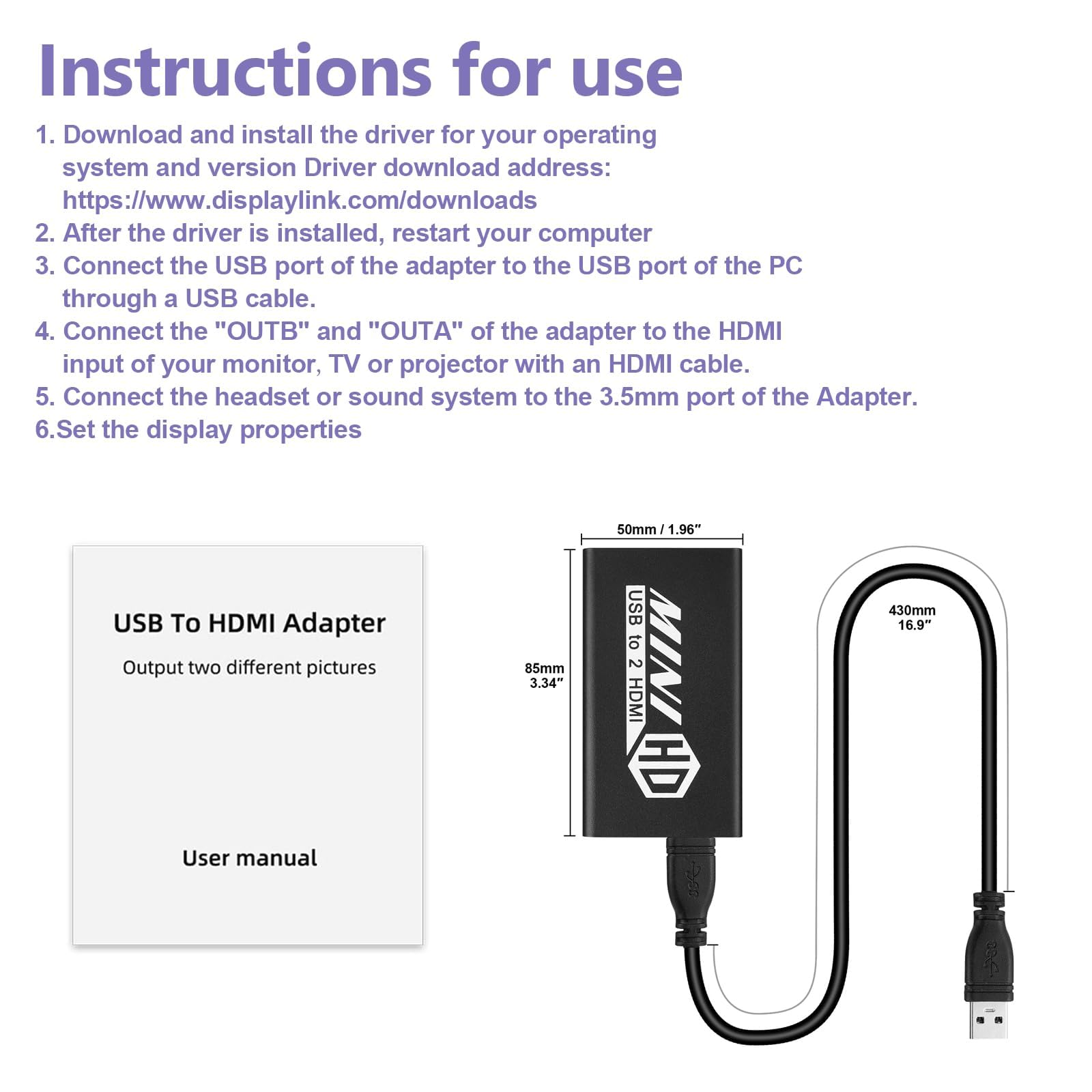 UNSTINCER Adattatore USB 3.0 a Dual HDMI fino a 1920 x 1080 P/60 Hz, scheda video esterna per Windows ChromeOS MacOS Linux Laptop, DisplayLink Multi Monitor Adattatore 3,5 mm uscita audio stereo