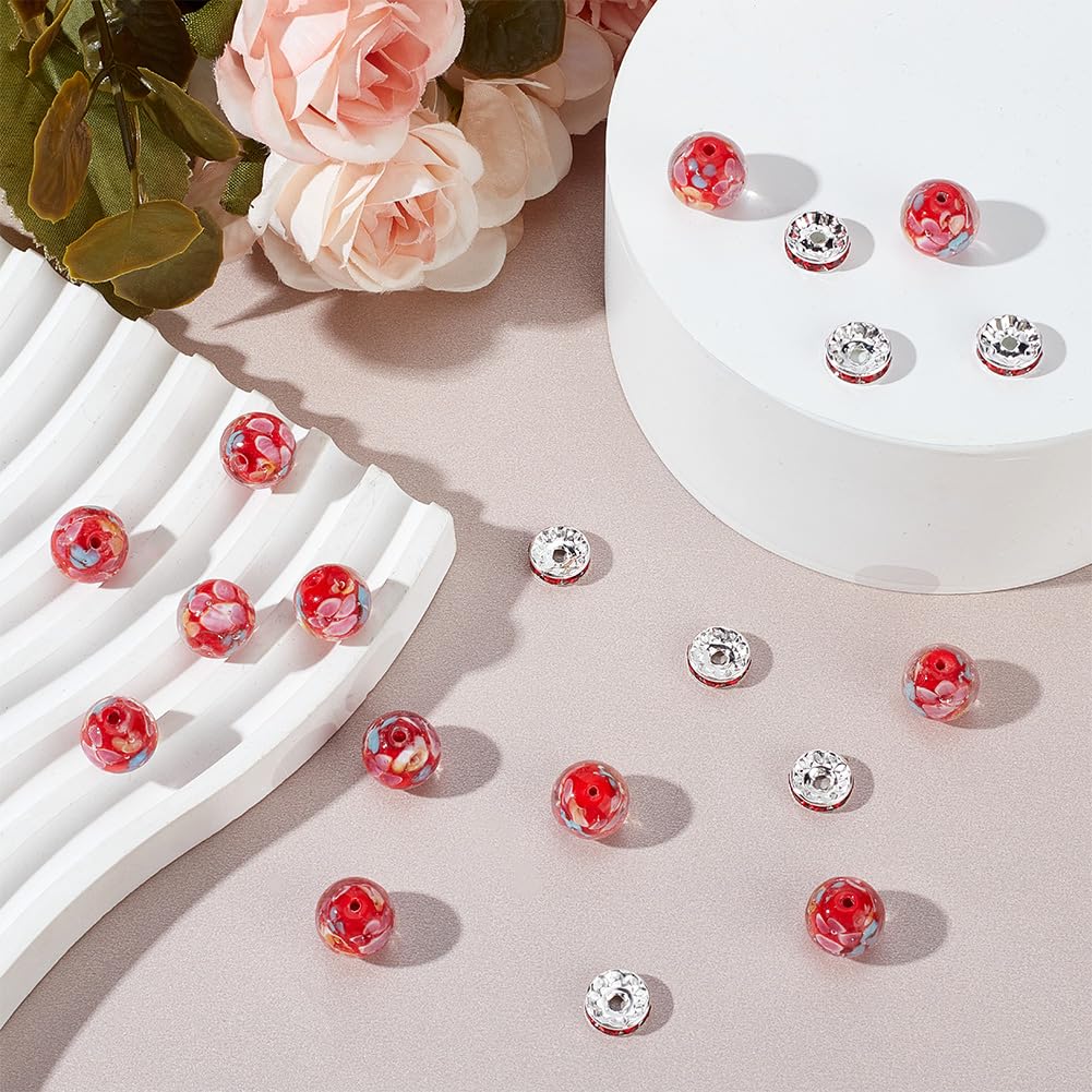 GOMAKERER 20 Pcs 12mm Red Lampwork Flower Glass Beads with 20 Pcs Pave Rhinestone Spacer Beads - Image 4