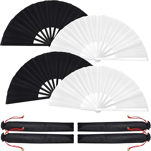 Ventilador plegable grande de seda de 4 piezas, ventilador de mano chino, japonés, Kung Fu Tai Chi, ventilador de mano plegable para baile y