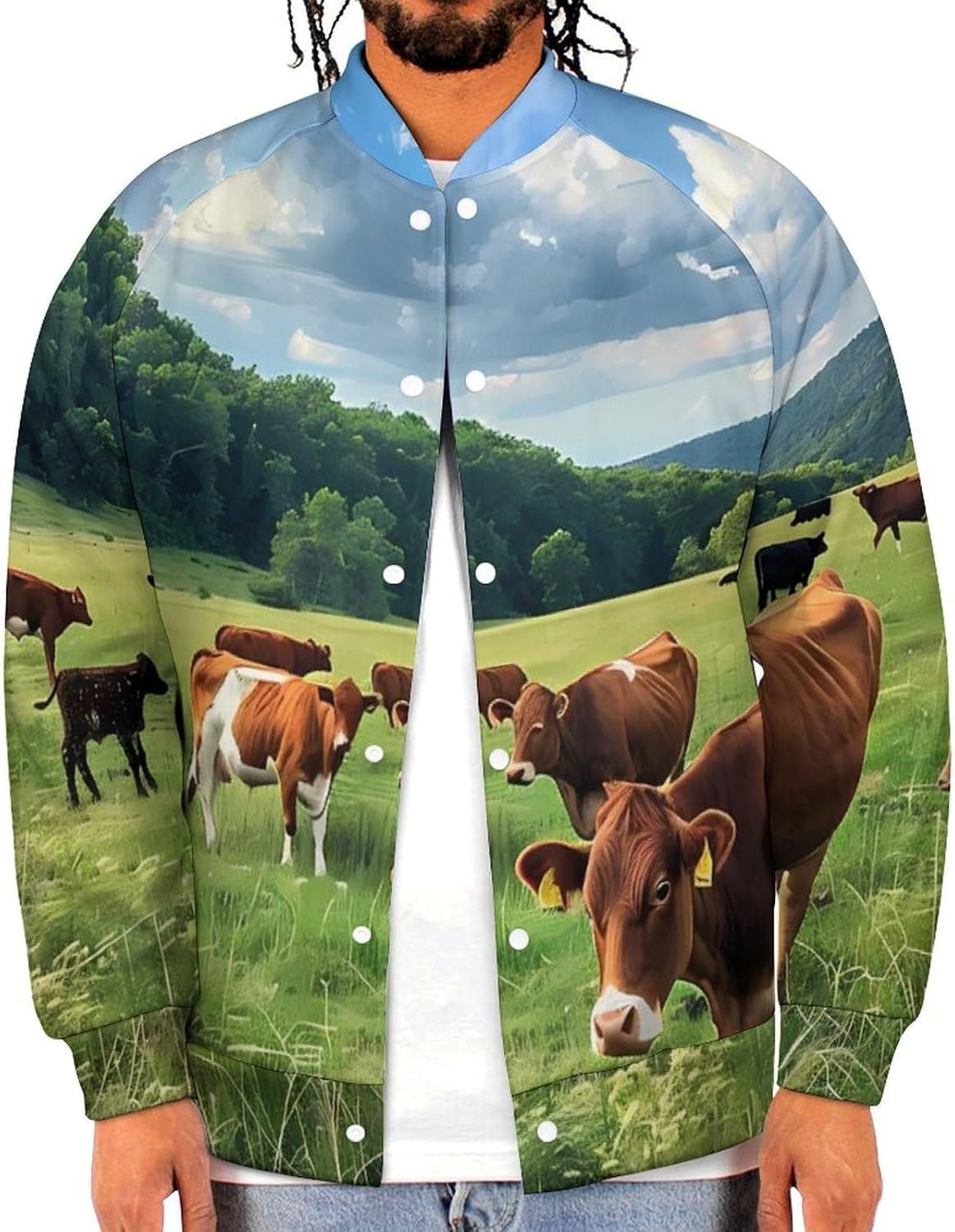 Farmhouse Cows Novelty Men's Baseball Jackets Causal Sweatshirt Button Top Long Sleeve Coat