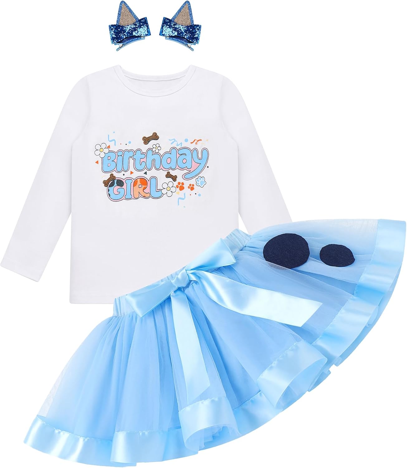 IMEKIS Toddler Birthday Girl Outfit Shirt Winter Long Sleeve Tutu Dog Ears Hair Clips Set Cake Smash Photo Shoot 1-6T