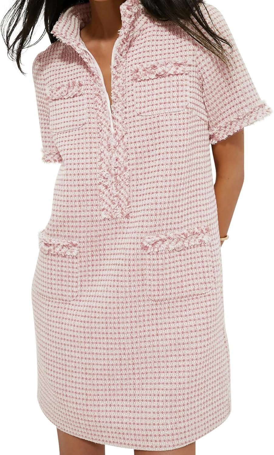 COZYPOIN Womens Tweed Mini Dress Elegant V Neck Short Sleeve Business Shift Dresses for Work Casual 2026 Fashion