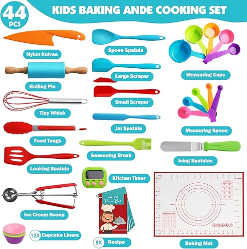 Miniatura 2 de Juego de 44 piezas de cocina y hornear para niños para cocina real, cuchillo seguro para niños y herramientas de cocina con libros de cocina,