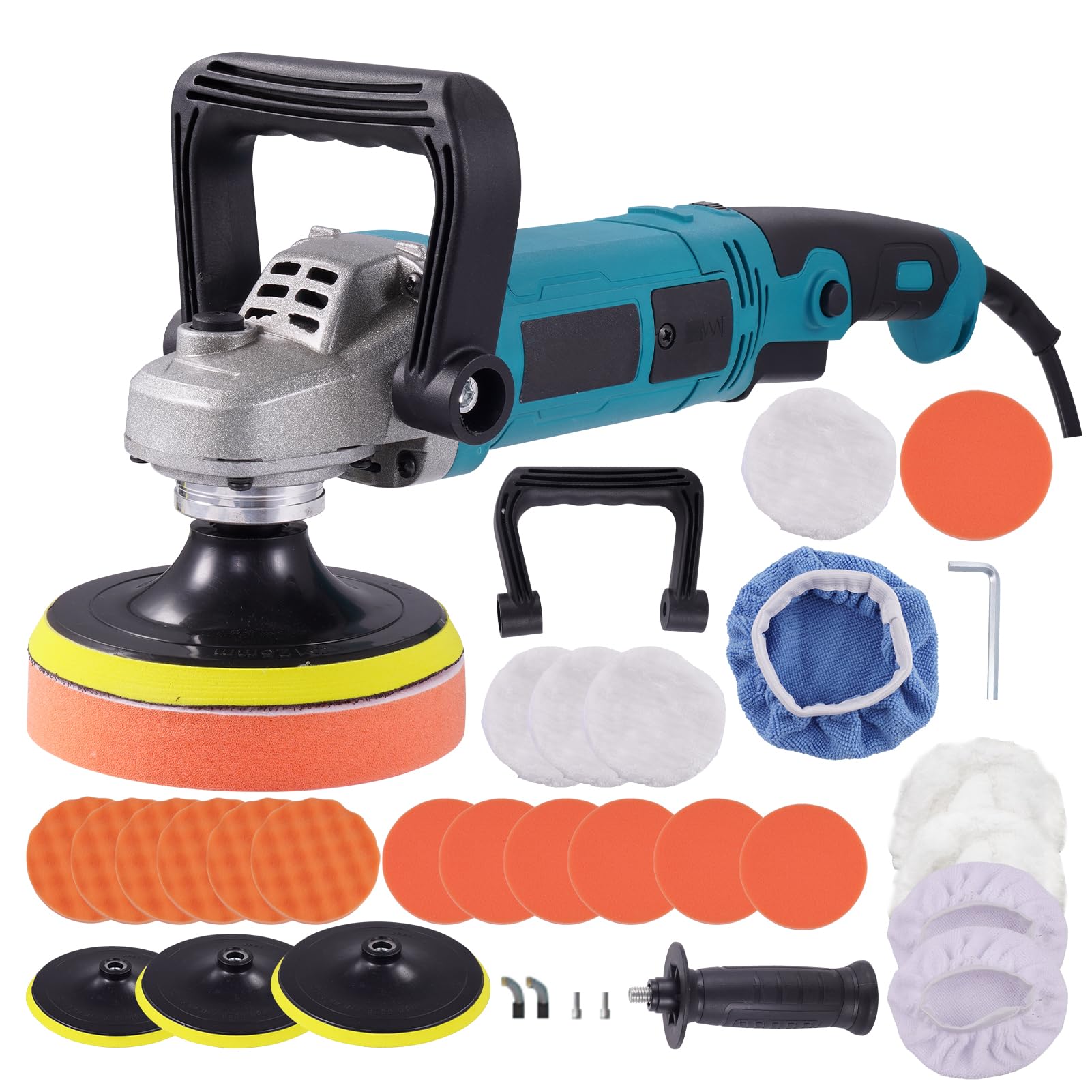 Lucidatrice per auto, 1600 W, 6 velocità variabile, 220 V, 500 – 3300 giri/min, cavo da 1,8 m, 2 maniglie, 125/178 mm, set di lucidatura professionale per mobili auto, barca