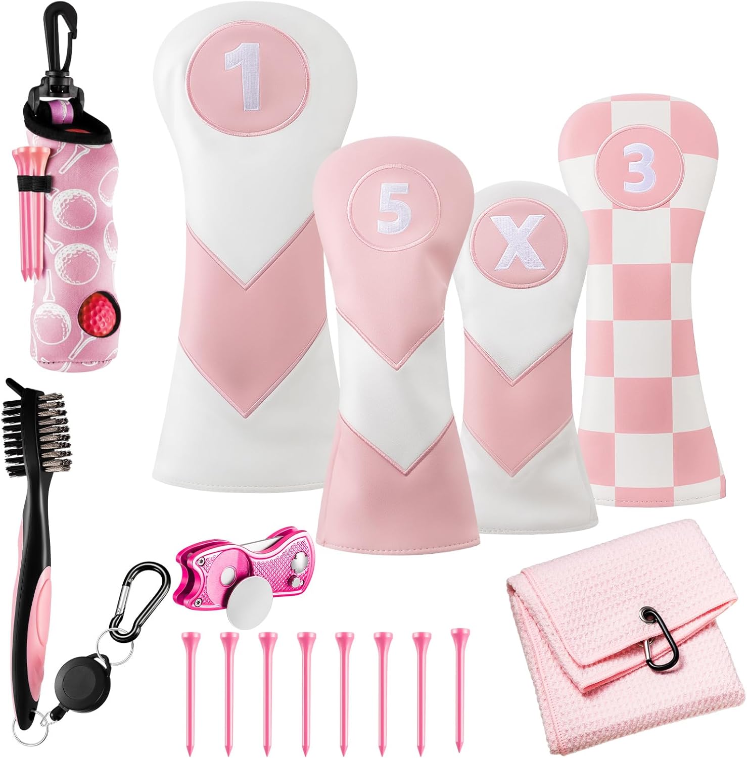 16 Pcs Golf Accessories Kit Include 4 Pcs Golf Club Head Covers, Ball Bag with Hook Towel Magnetic Ball Marker Tees Divot Tool Cleaner Brush for Gifts