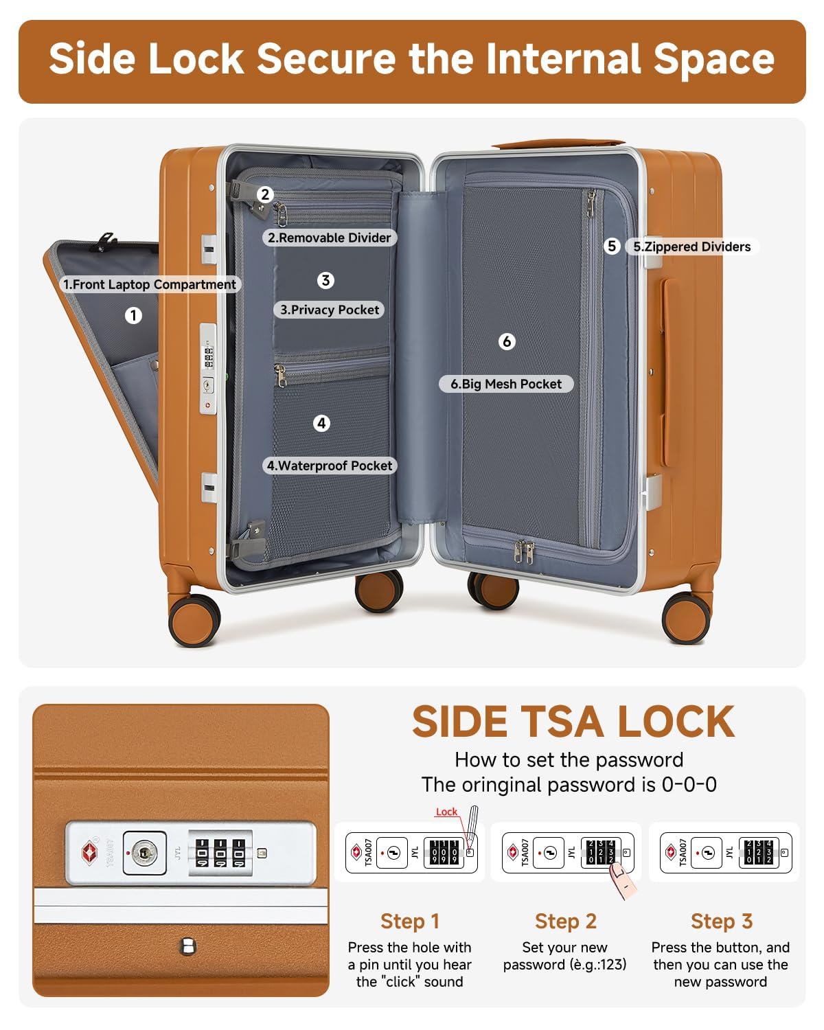 Sea choice Valigia da 20 pollici con Tasca Frontale per Laptop Trolley in PC Leggera Bagaglio a Mano con USB Chiusura TSA e 4 Ruote Doppie Girevoli, Porta bicchieri