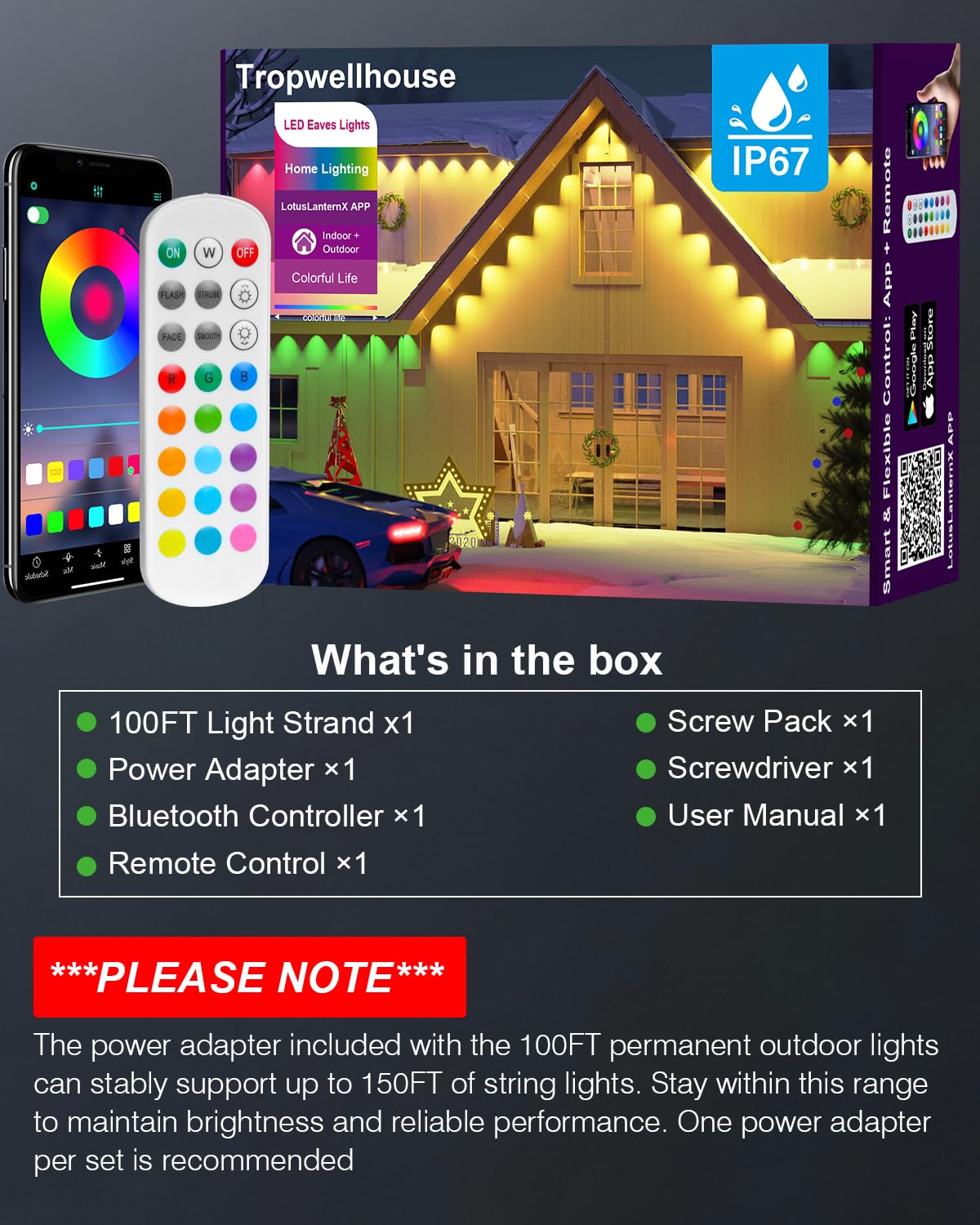 Image showing the contents of the product box: 100FT Light Strand, Power Adapter, Bluetooth Controller, Remote Control, Screw Pack, Screwdriver, and User Manual.