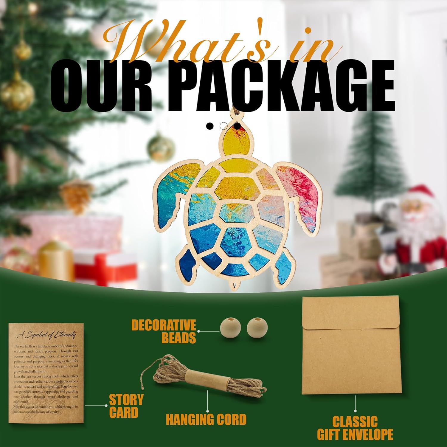 Sea Turtle Gifts for Women, Wooden Turtle Ornament with Stained Glass Style Acrylic, Ocean Theme Decor and Coastal Gifts for Friends and Beach Lovers, Sea Turtle Decor for Christmas Tree (Colorful) - Image 4