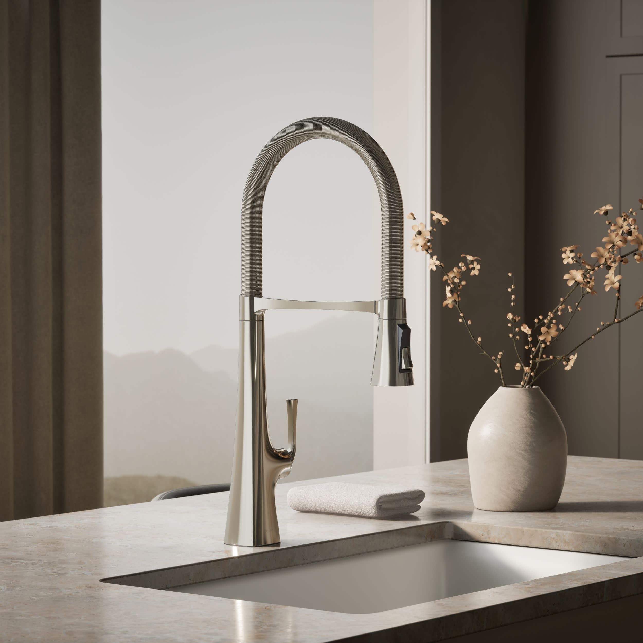 Kohler 22060-SN Graze Commercial, grifo de fregadero de cocina semiprofesional de 3 funciones alto con pulverizador extraíble, níquel pulido vibrante