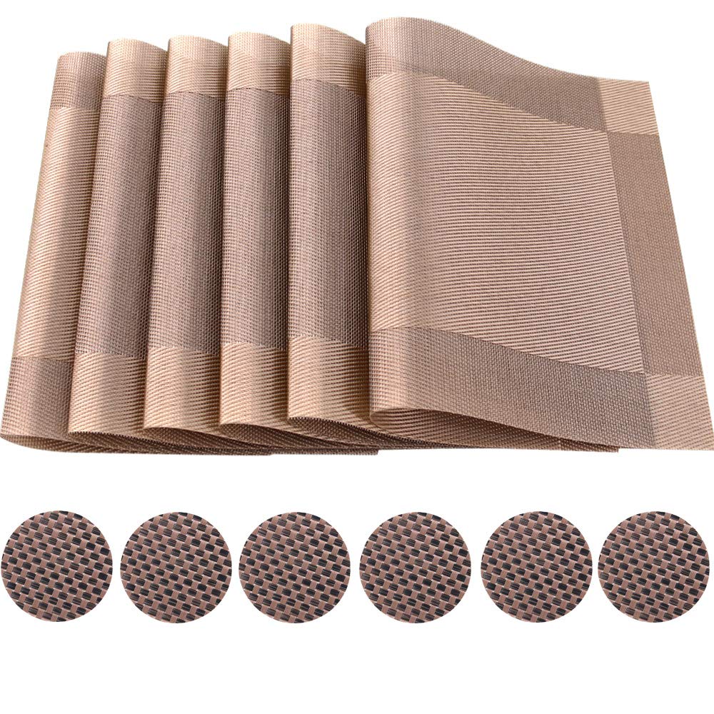 Time To Sparkle Pvc-Champagne Gold 6Pcs Vinyl Woven Placemats + 6Pcs Coasters Place Mats Non Slip Table Mats Waterproof Heat-Resistant Dinning Table Mats Decor (Pvc-Champagne Gold)